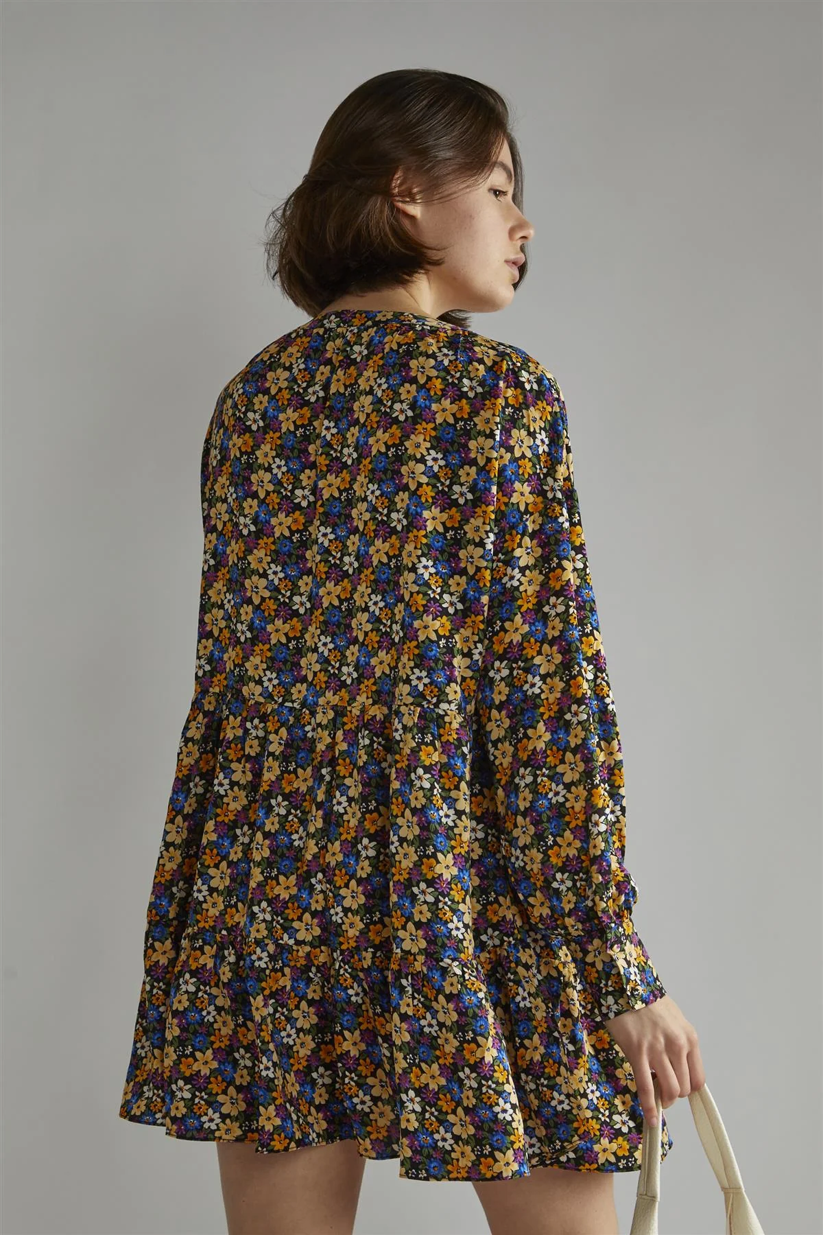 Tie Front Long Sleeve Mini Dress - Dark Floral - Image 2