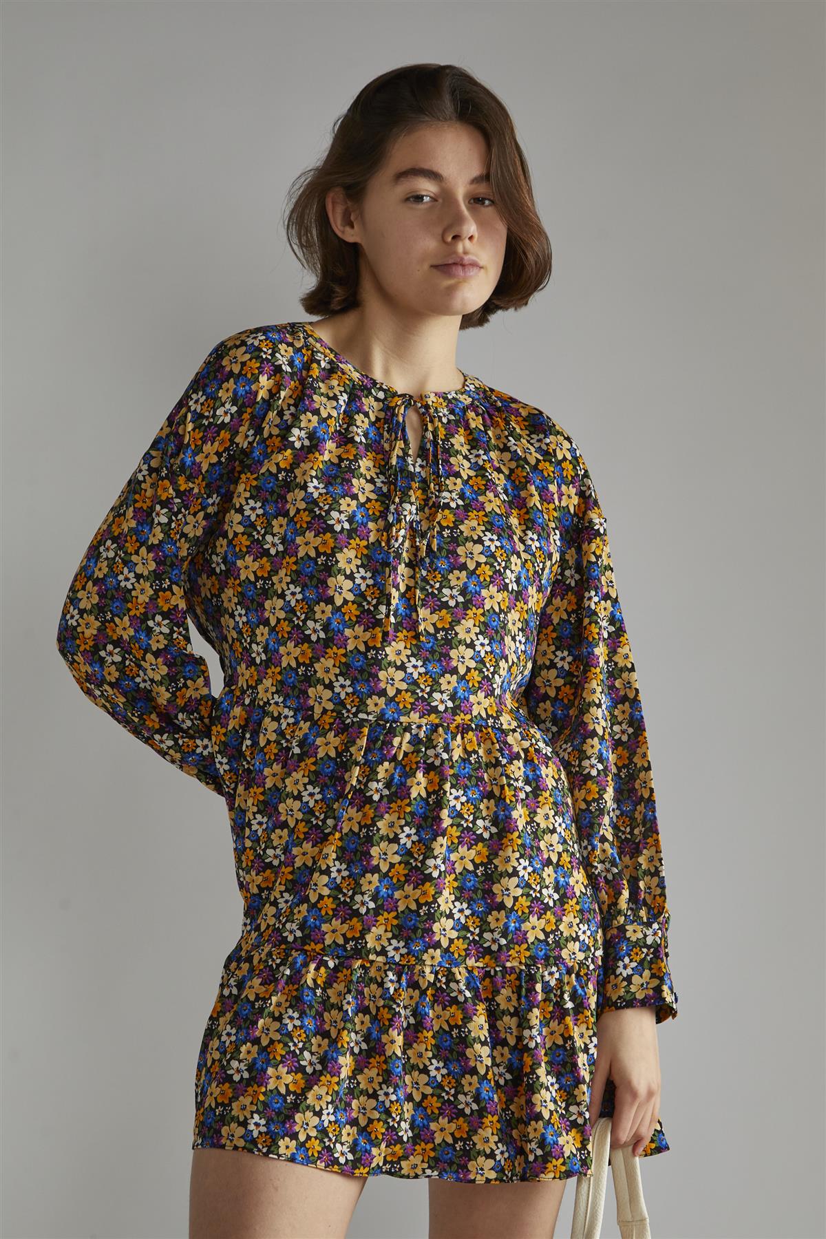 Tie Front Long Sleeve Mini Dress - Dark Floral - Image 4