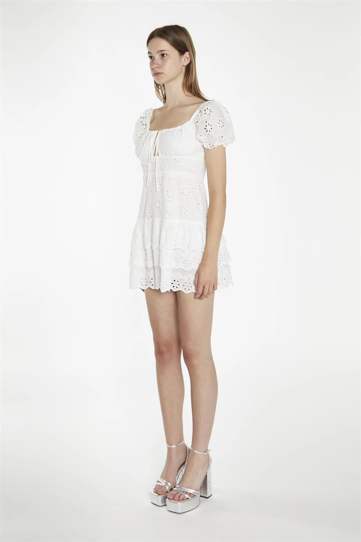 Tie Front Mini Dress - White Broderie - Image 3