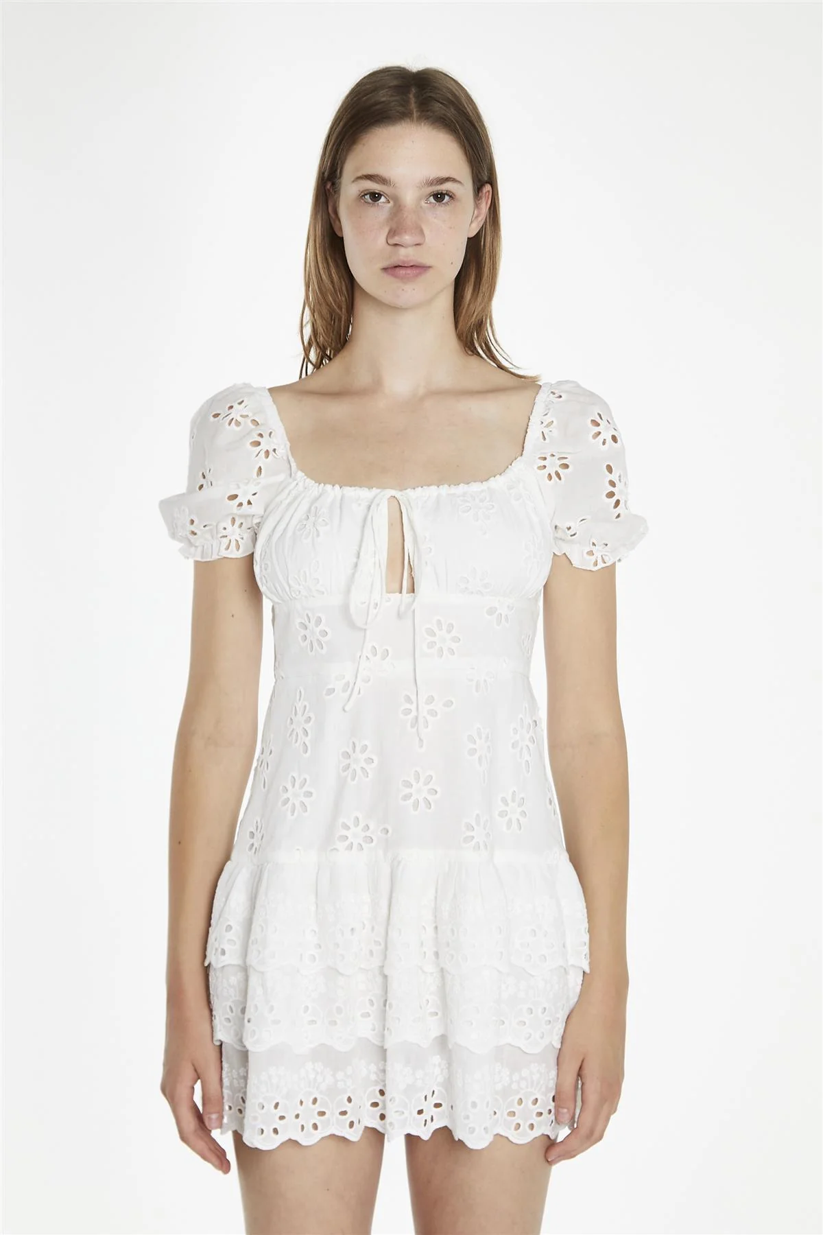 Tie Front Mini Dress - White Broderie - Image 4