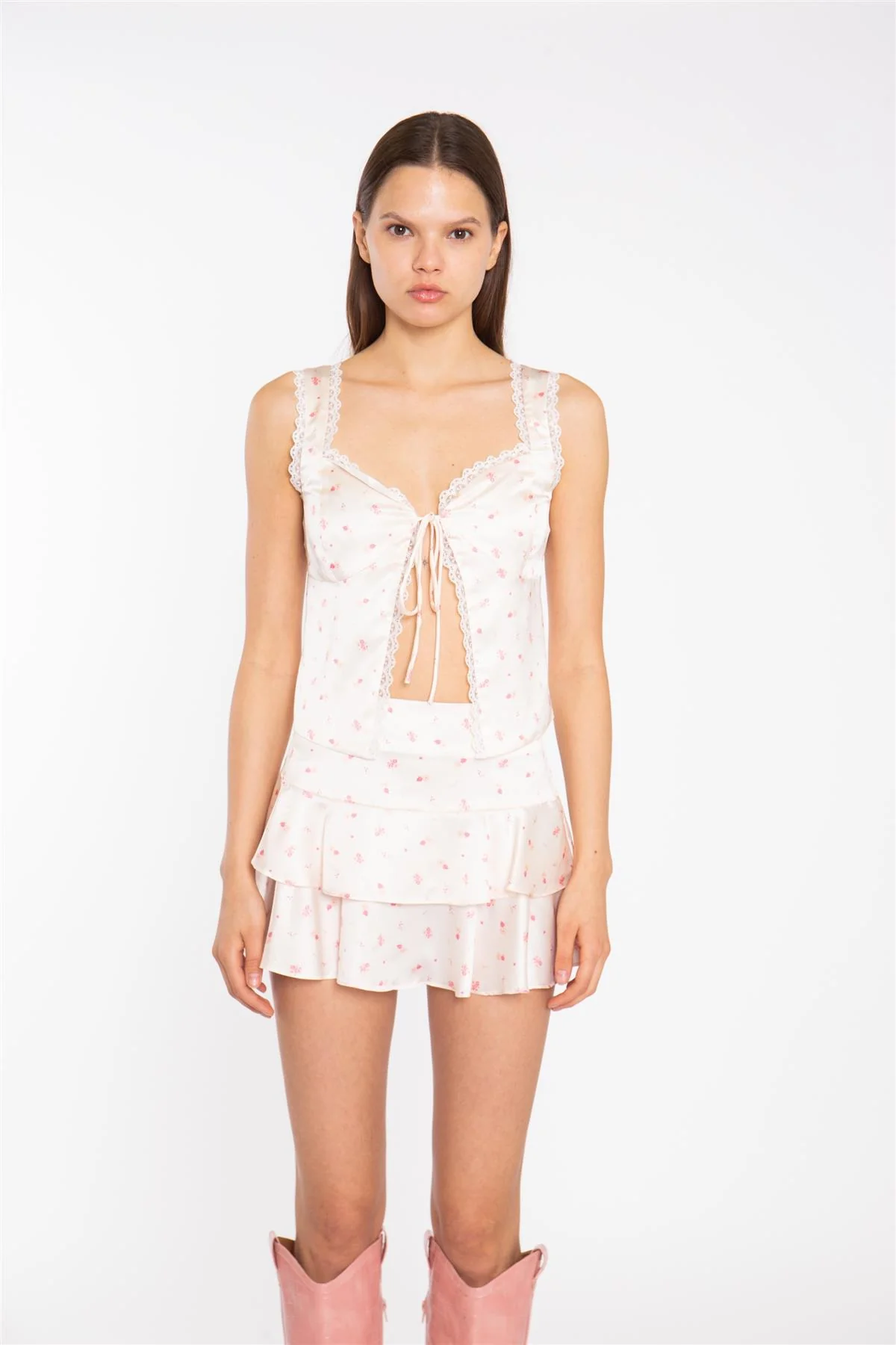 Tie Front Vest Top - Peach Pink Daisy