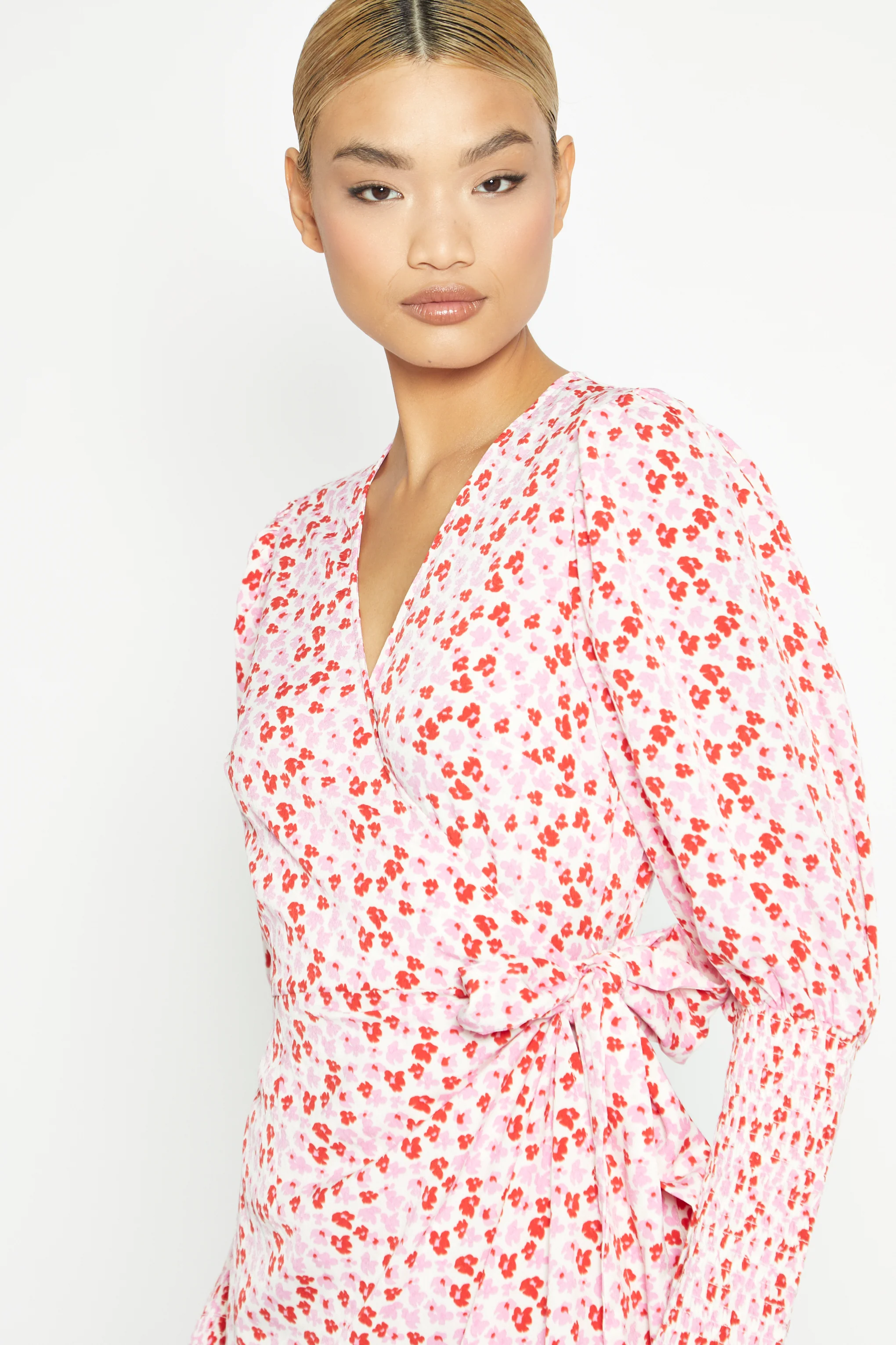 White-Red-Pink-Floral Wrap Maxi Dress - Image 2