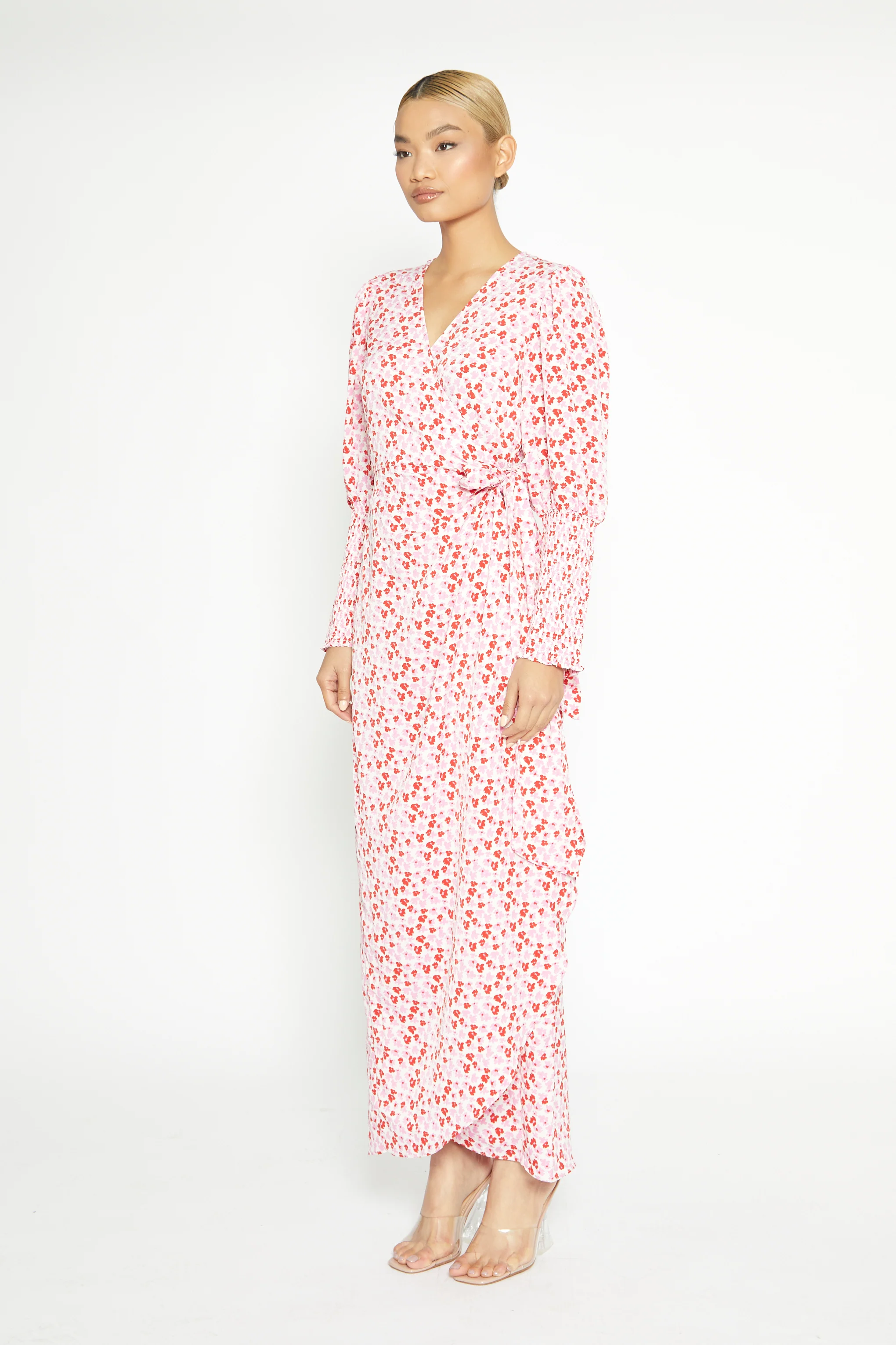 White-Red-Pink-Floral Wrap Maxi Dress - Image 3