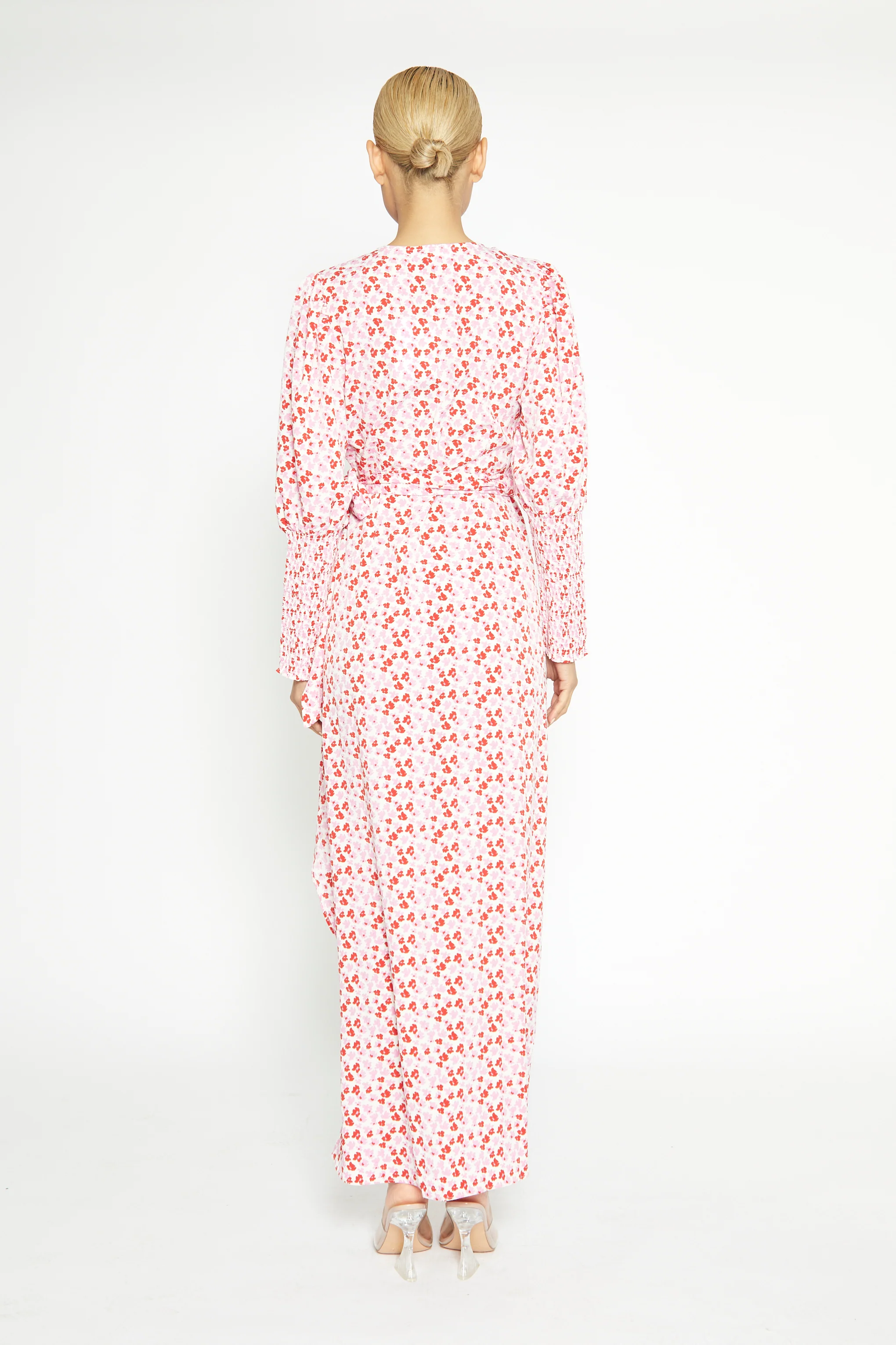 White-Red-Pink-Floral Wrap Maxi Dress - Image 4