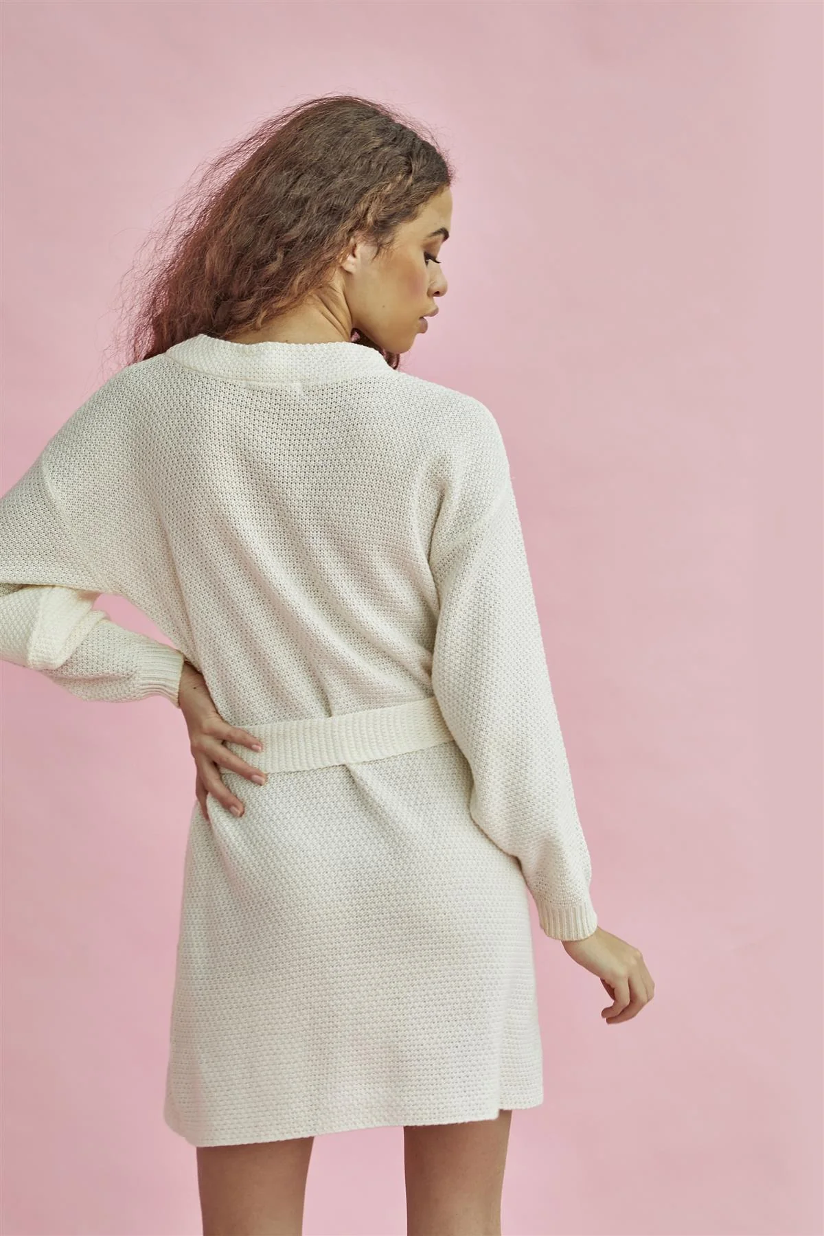 True-Ecru Knitted Mini Dress with Tie Belt - Image 3