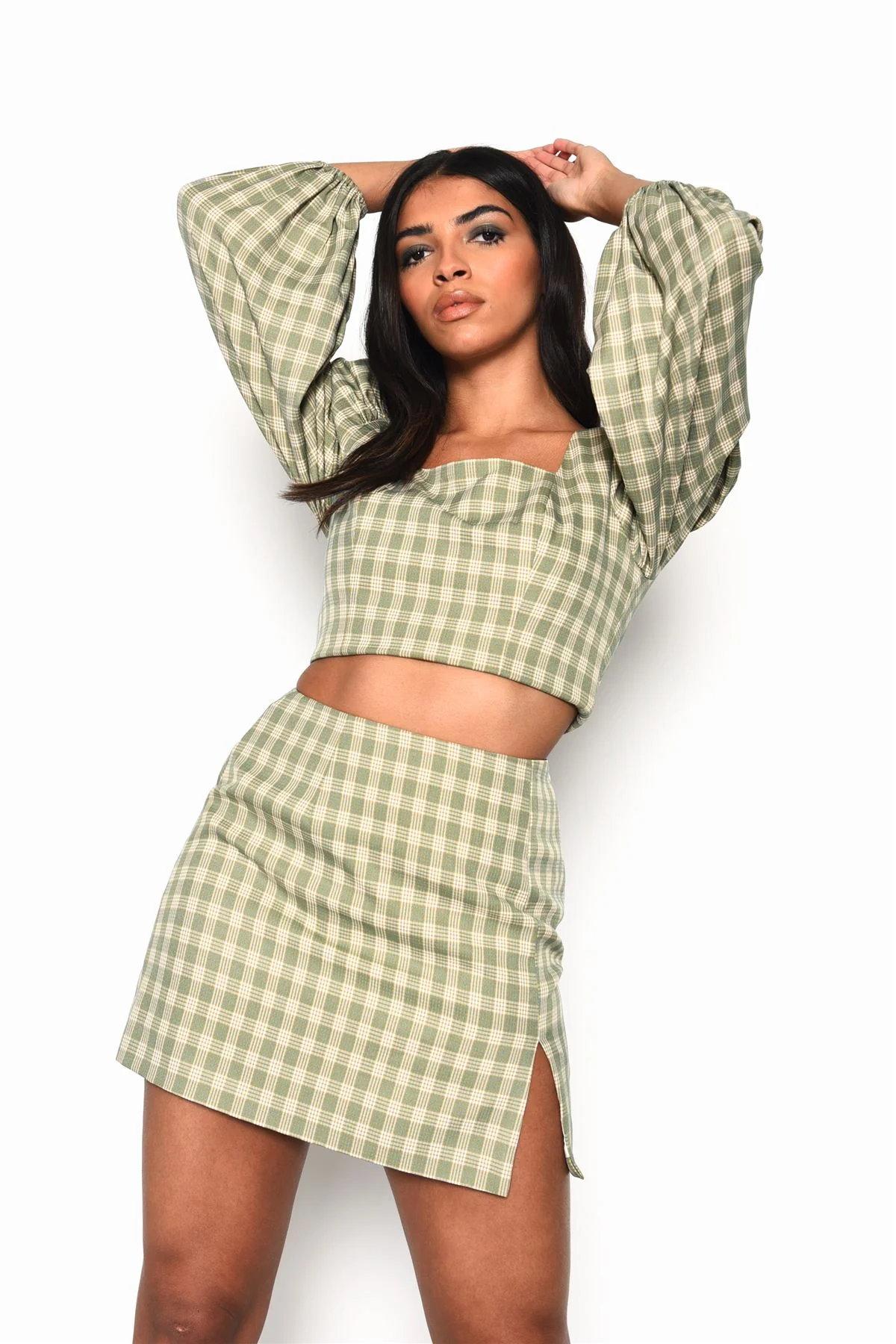Turquoise Multi Check Side Split Mini Skirt - Image 4
