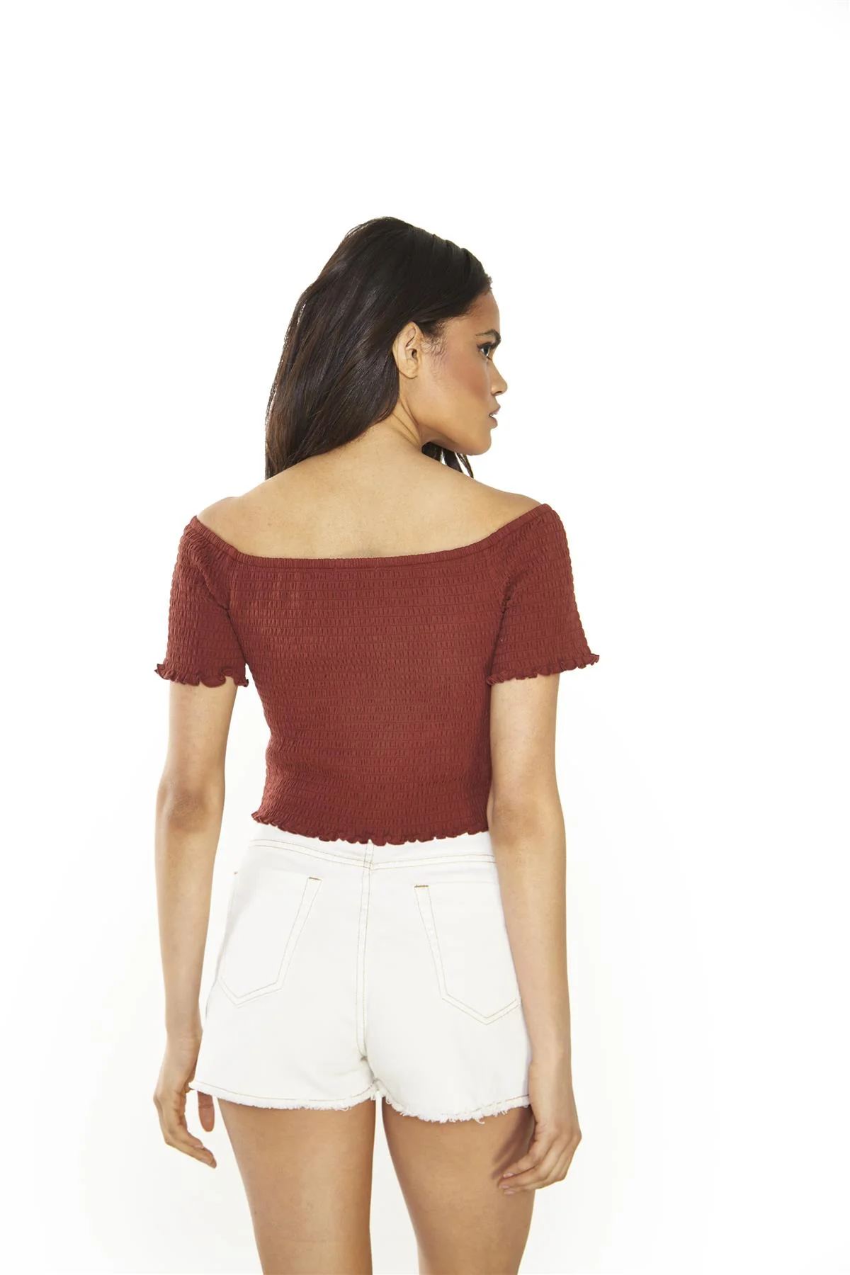 Umber Shirred Bardot Crop-Top - Image 2