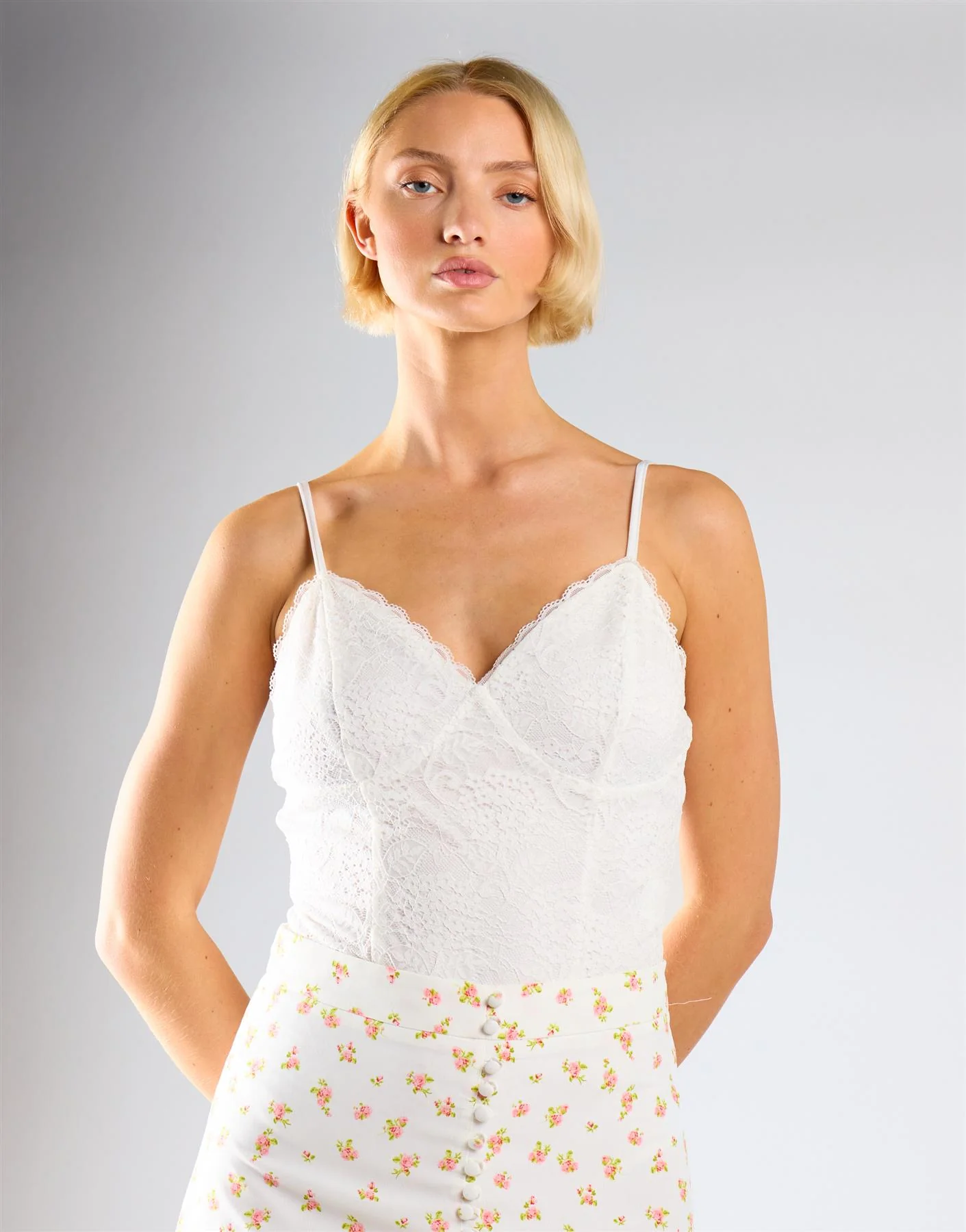V-Neck Bodysuit - White Lace