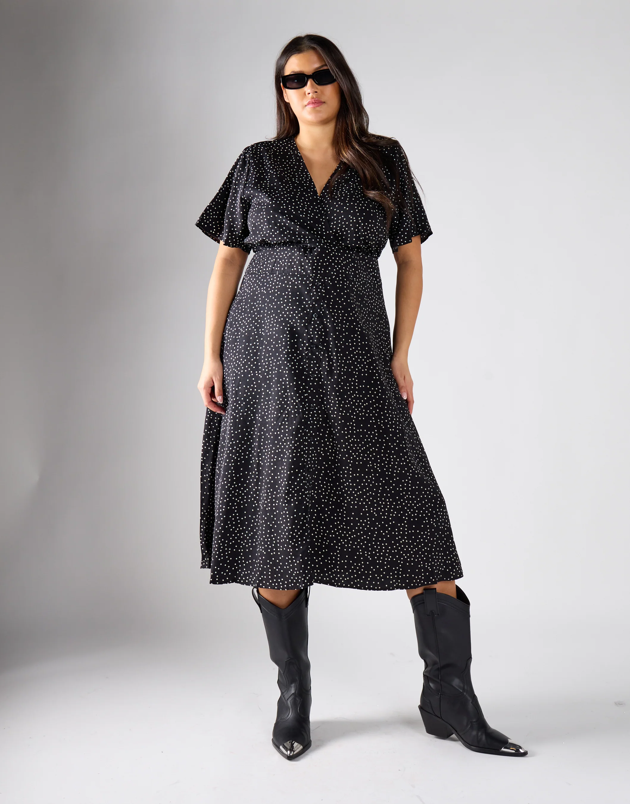 V - Neck Maxi Dress - Black White Dot