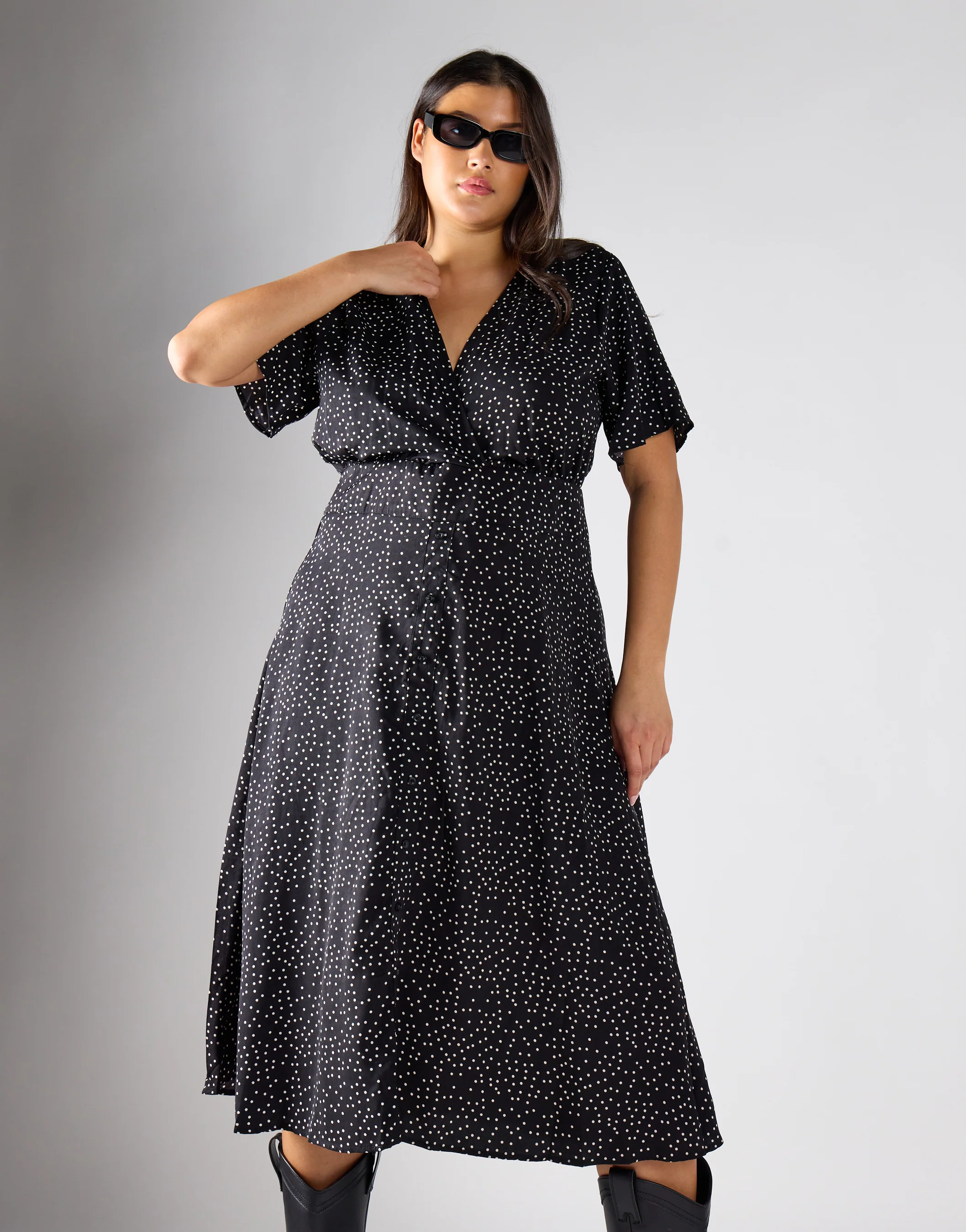 V - Neck Maxi Dress - Black White Dot - Image 4