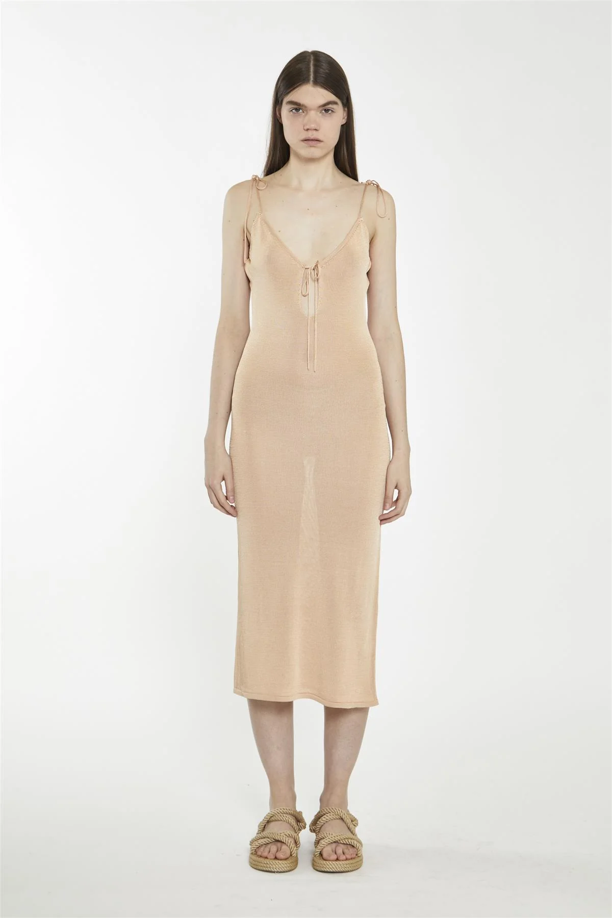 V-Neck Midi Slip Dress - Soft Apricot