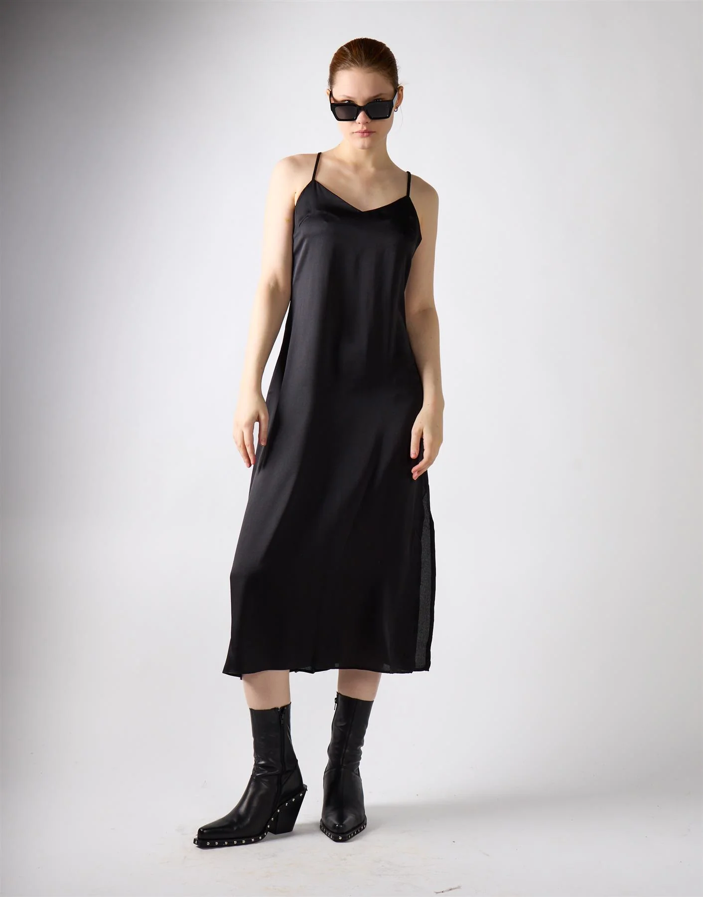 V-neck Open Back Midi Dress - Black Sateen