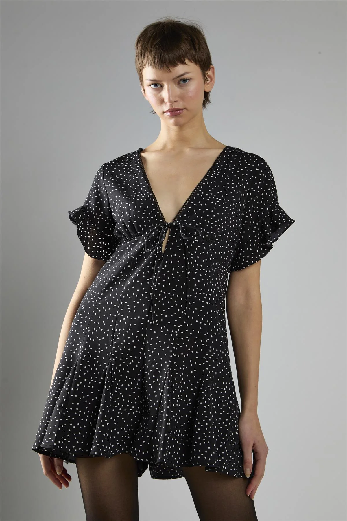 Black Polka Dot V Neck Playsuit - Image 3