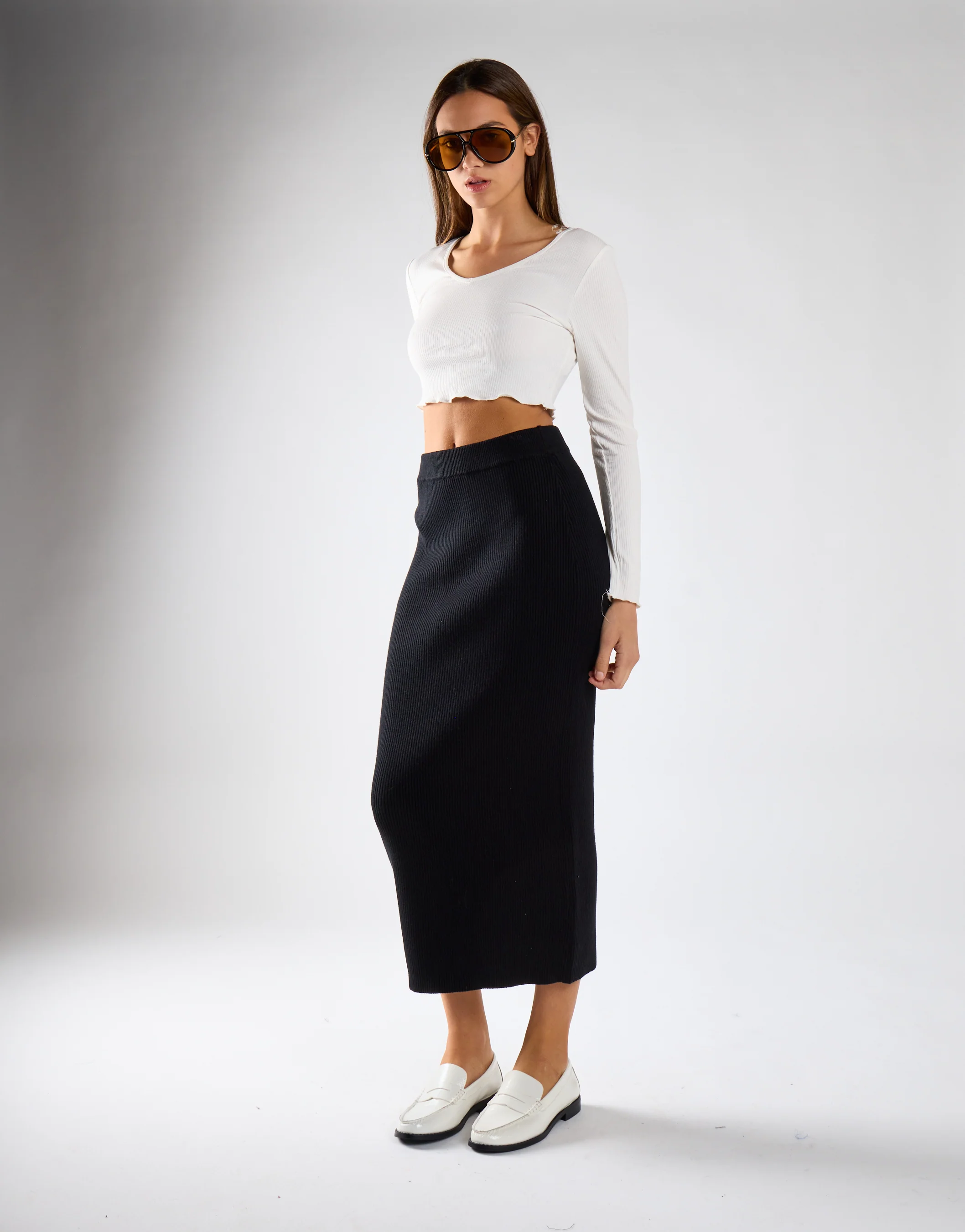 V-neck Rib Cropped Top - Off White