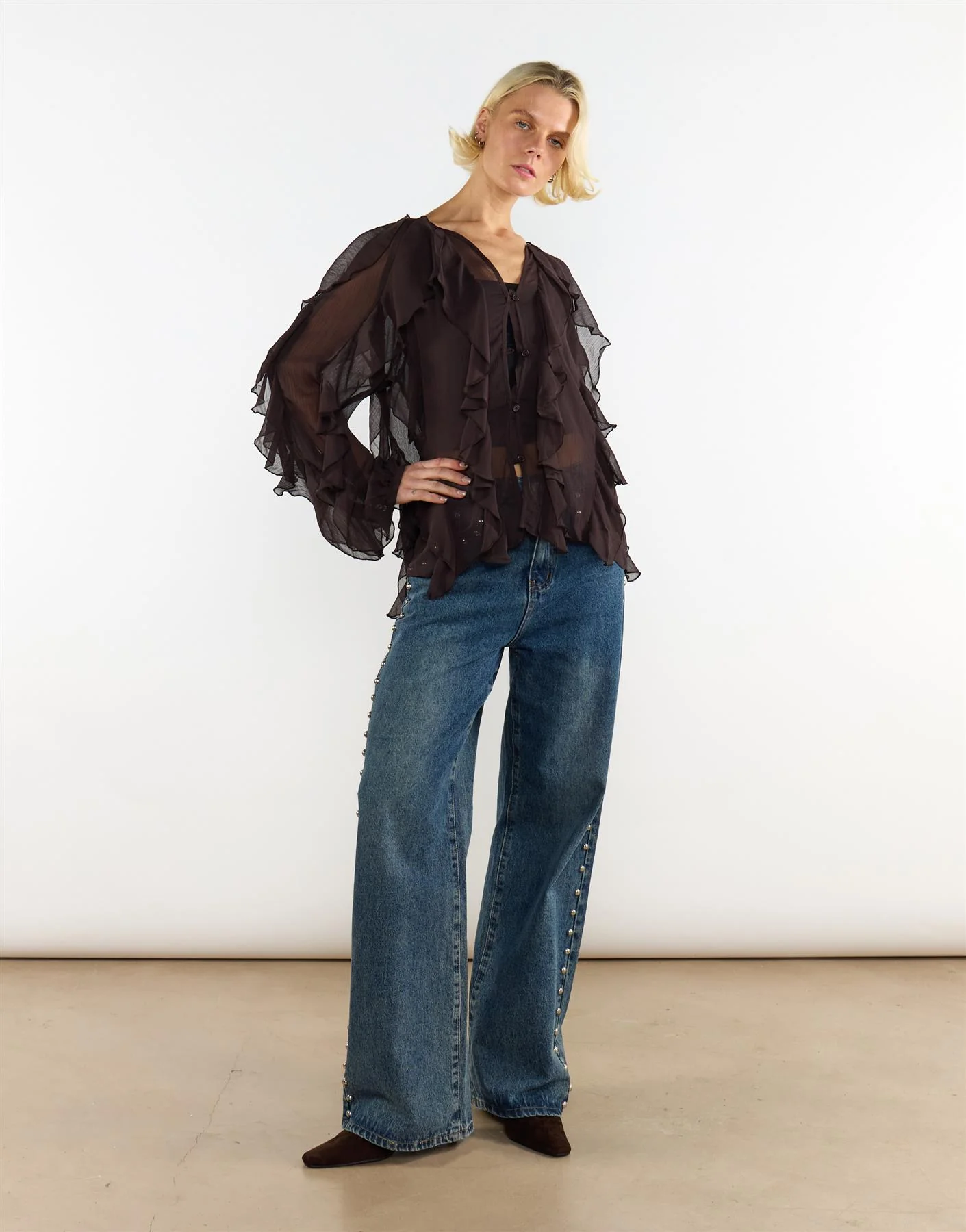 V Neck Ruffle Details Blouse - Deep Brown
