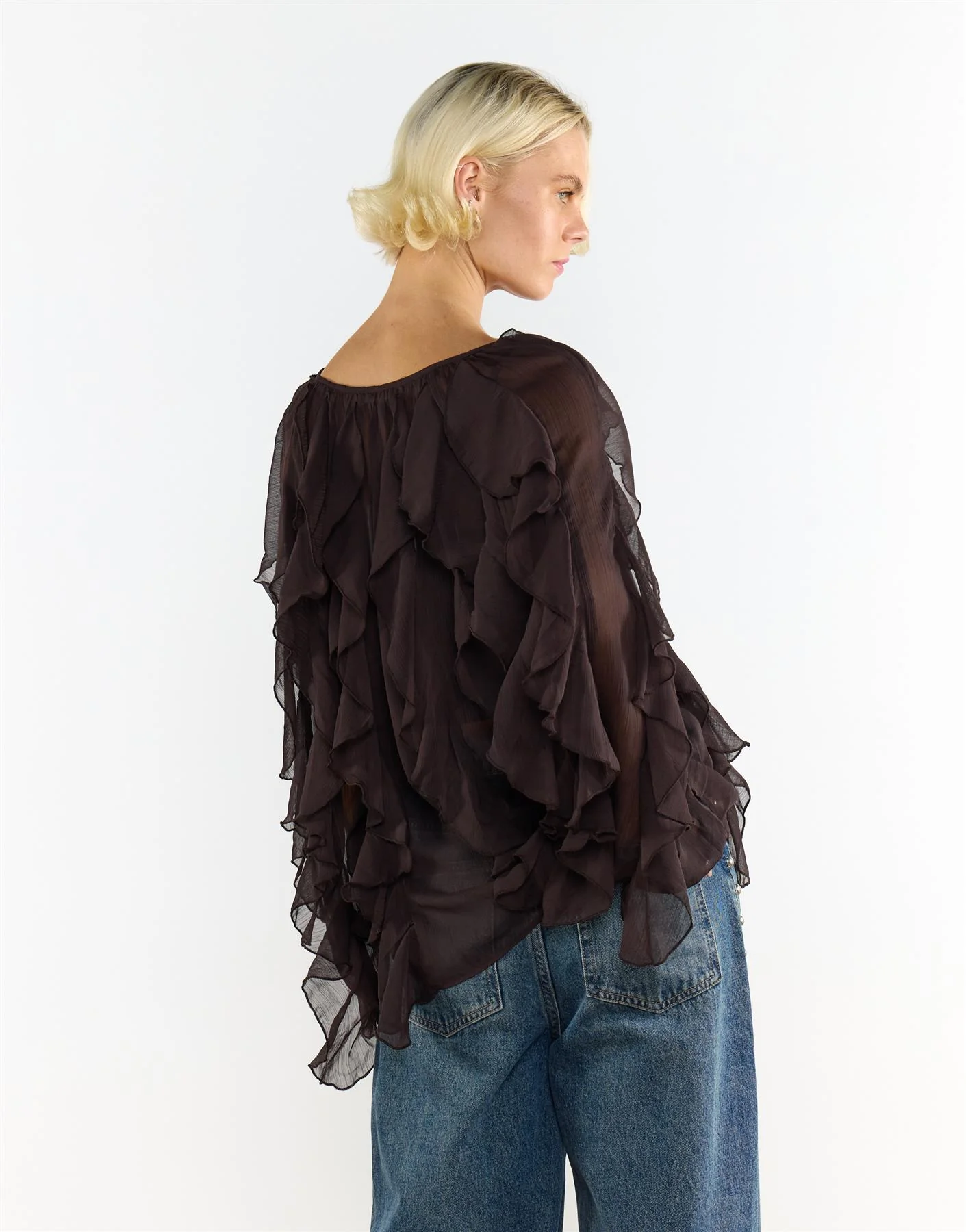 V Neck Ruffle Details Blouse - Deep Brown - Image 2