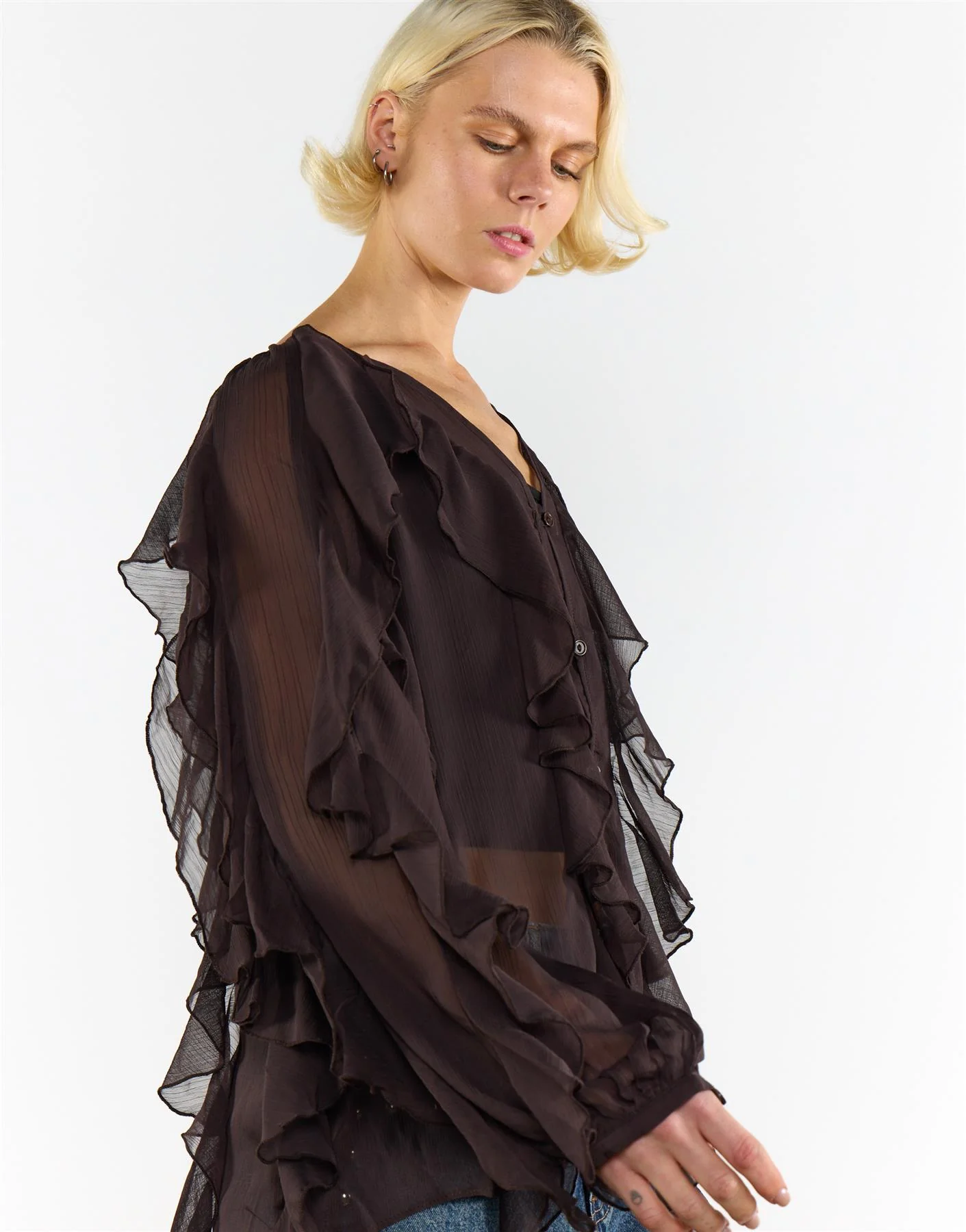 V Neck Ruffle Details Blouse - Deep Brown - Image 3