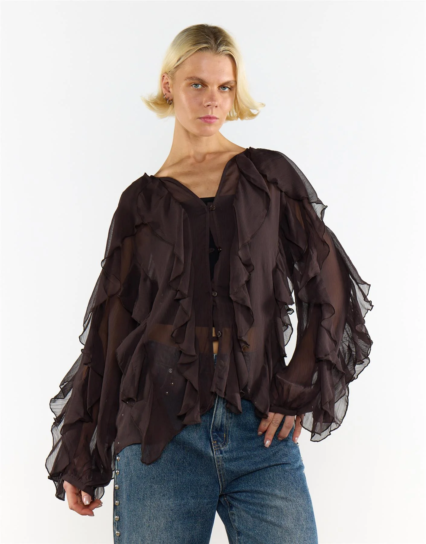 V Neck Ruffle Details Blouse - Deep Brown - Image 4