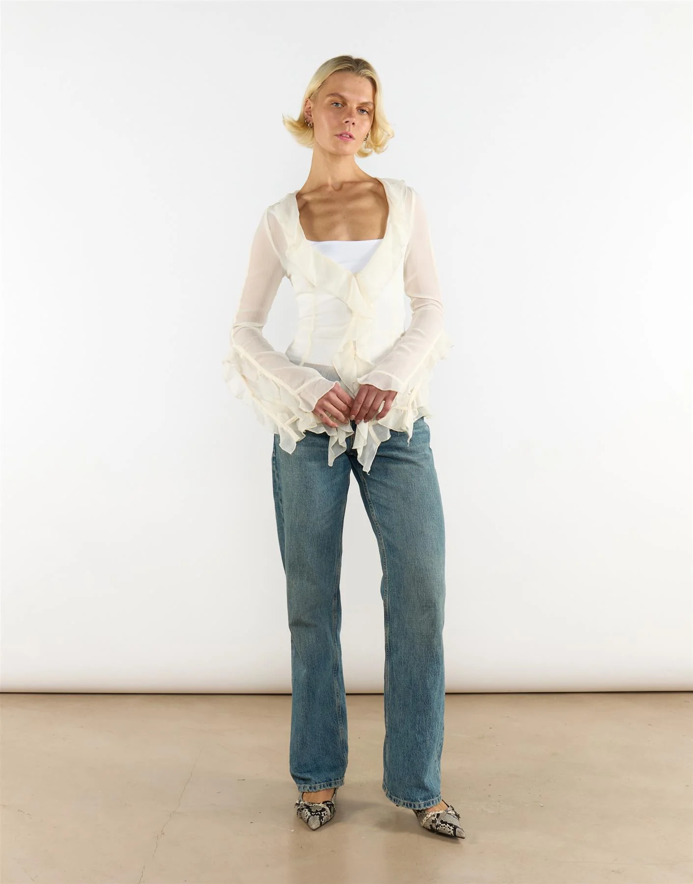 V Neck Sheer Frill Blouse in Cream
