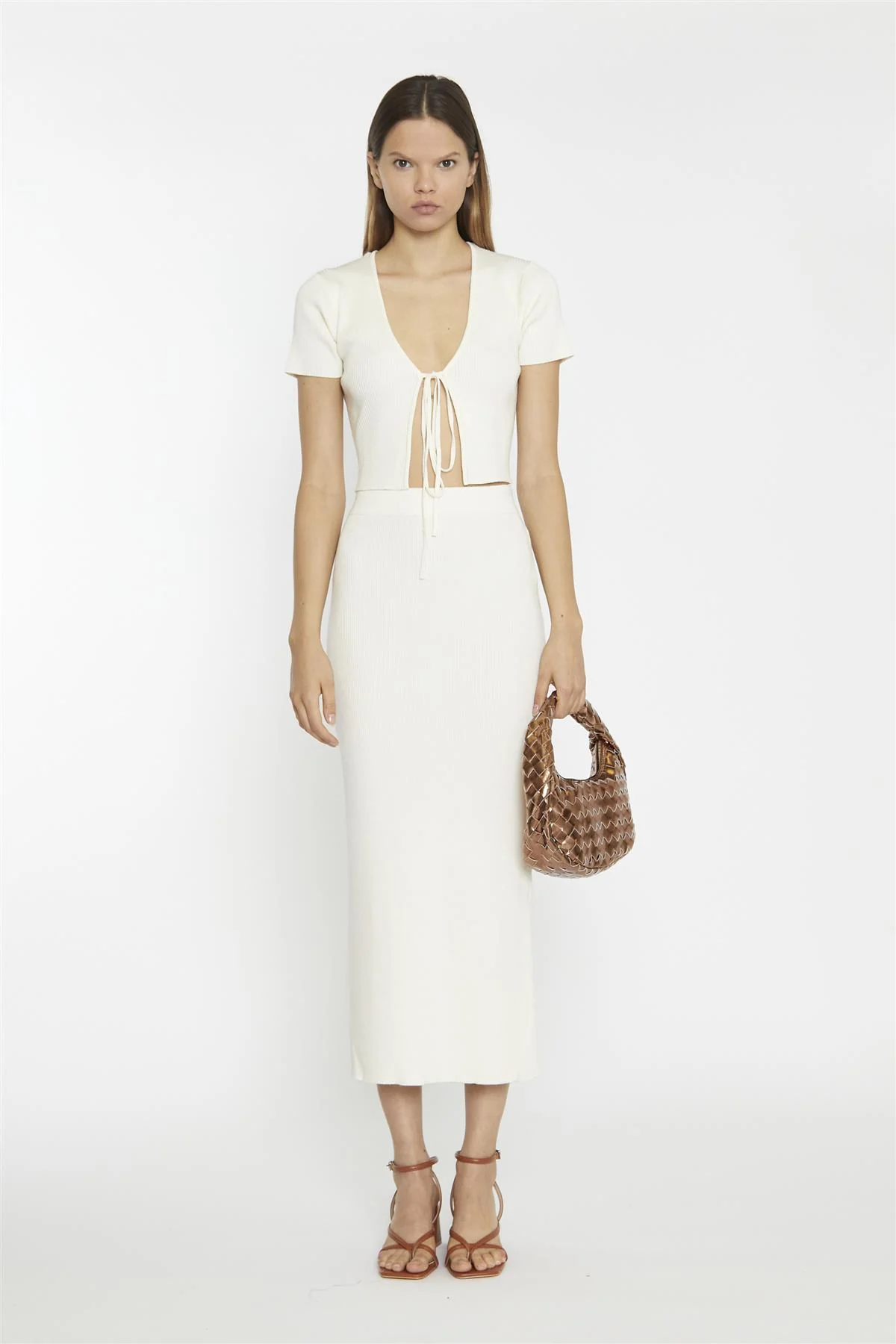 Vanilla Ribbed Tie-Front Crop-Top