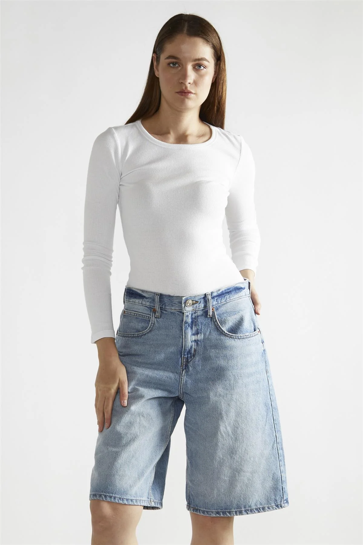 Vintage-Blue Denim Long Shorts - Image 3