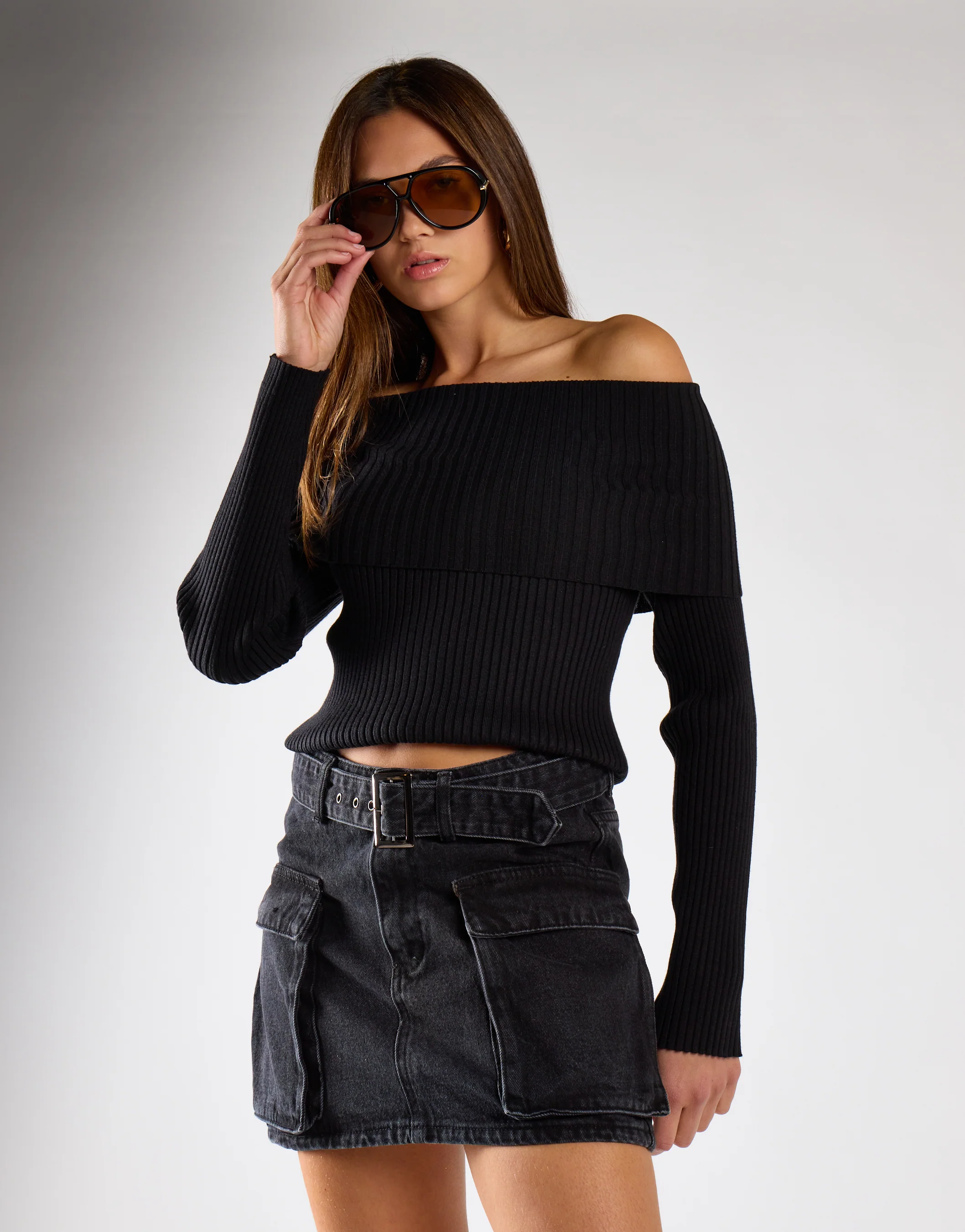 Washed Black Denim Belted Mini Skirt - Image 3