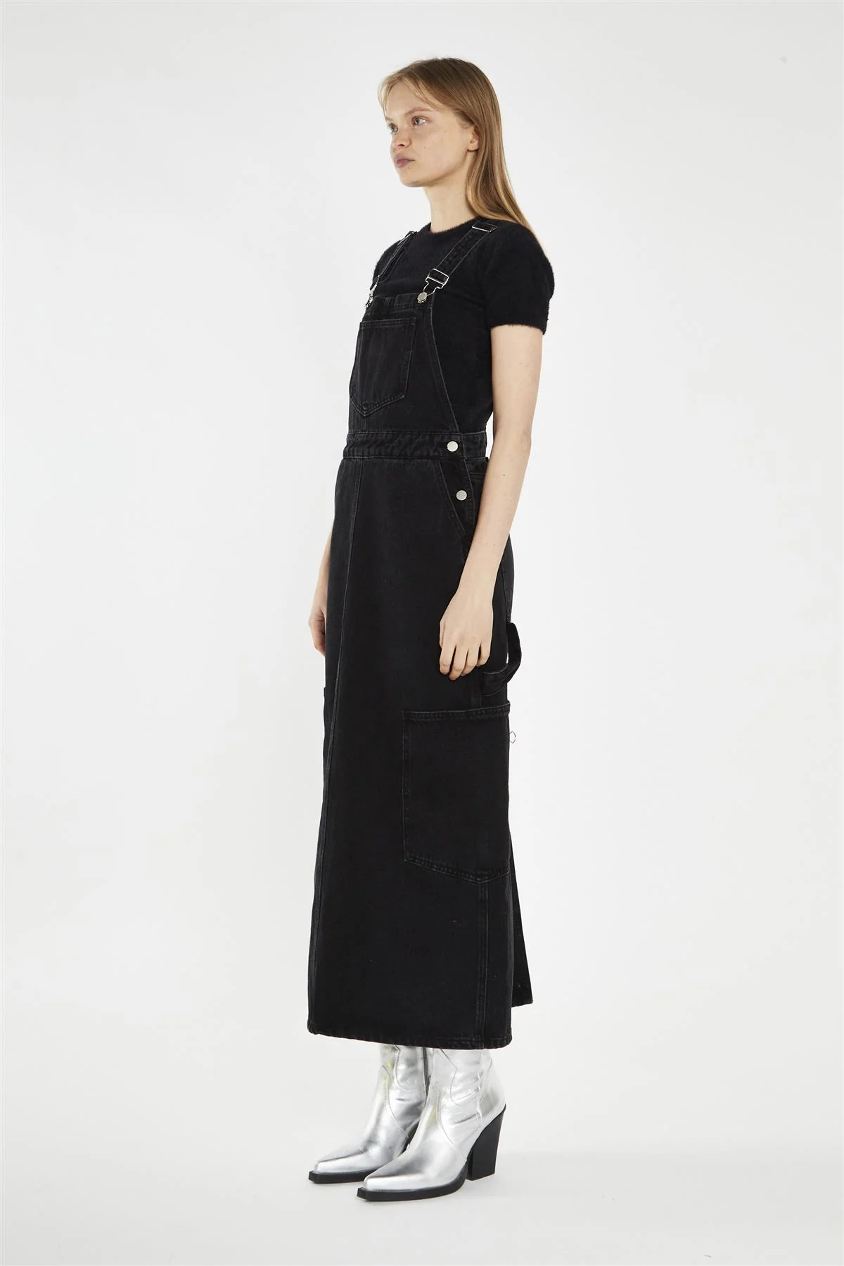 Washed-Black Denim Dungaree Midi-Dress - Image 3