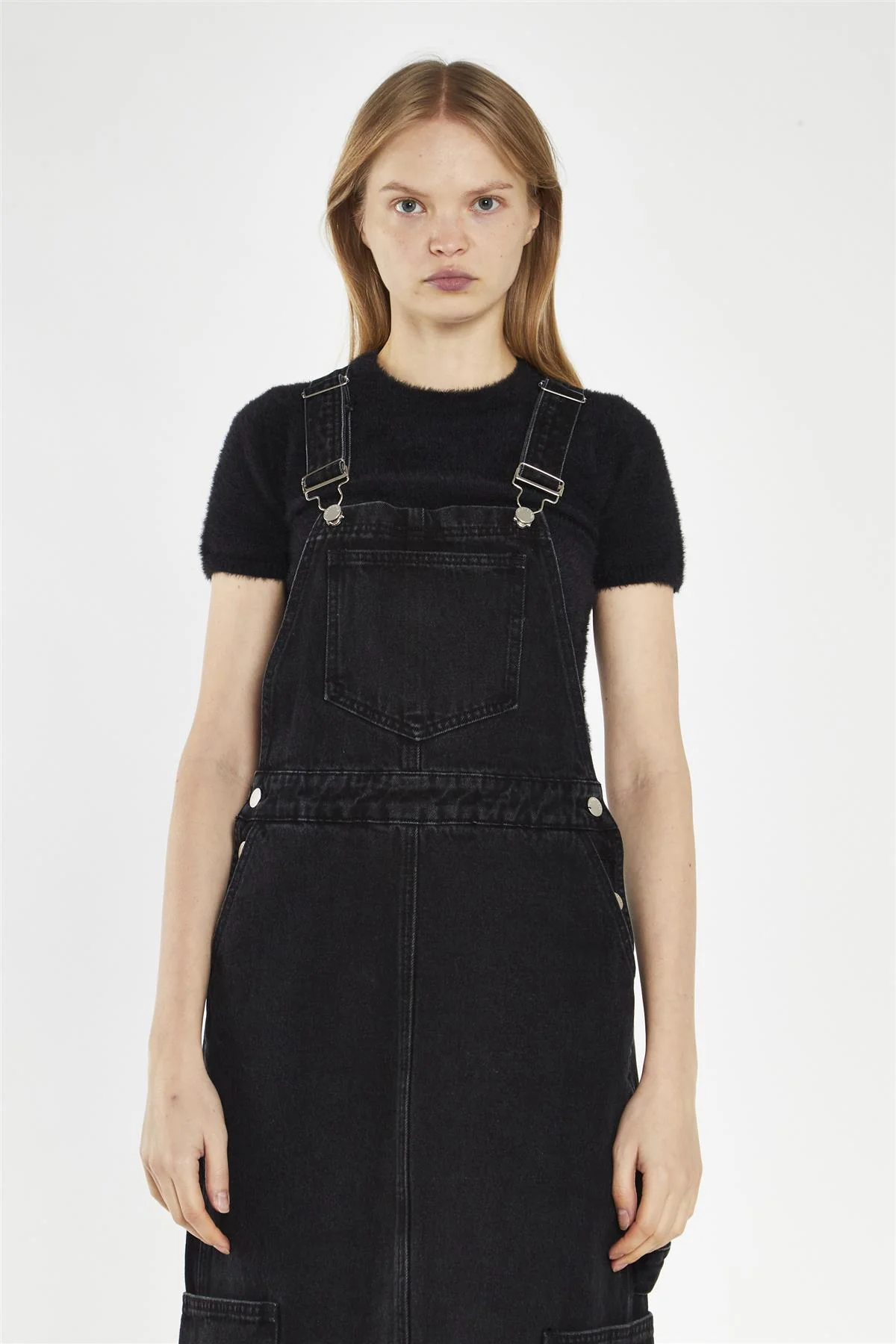 Washed-Black Denim Dungaree Midi-Dress - Image 4