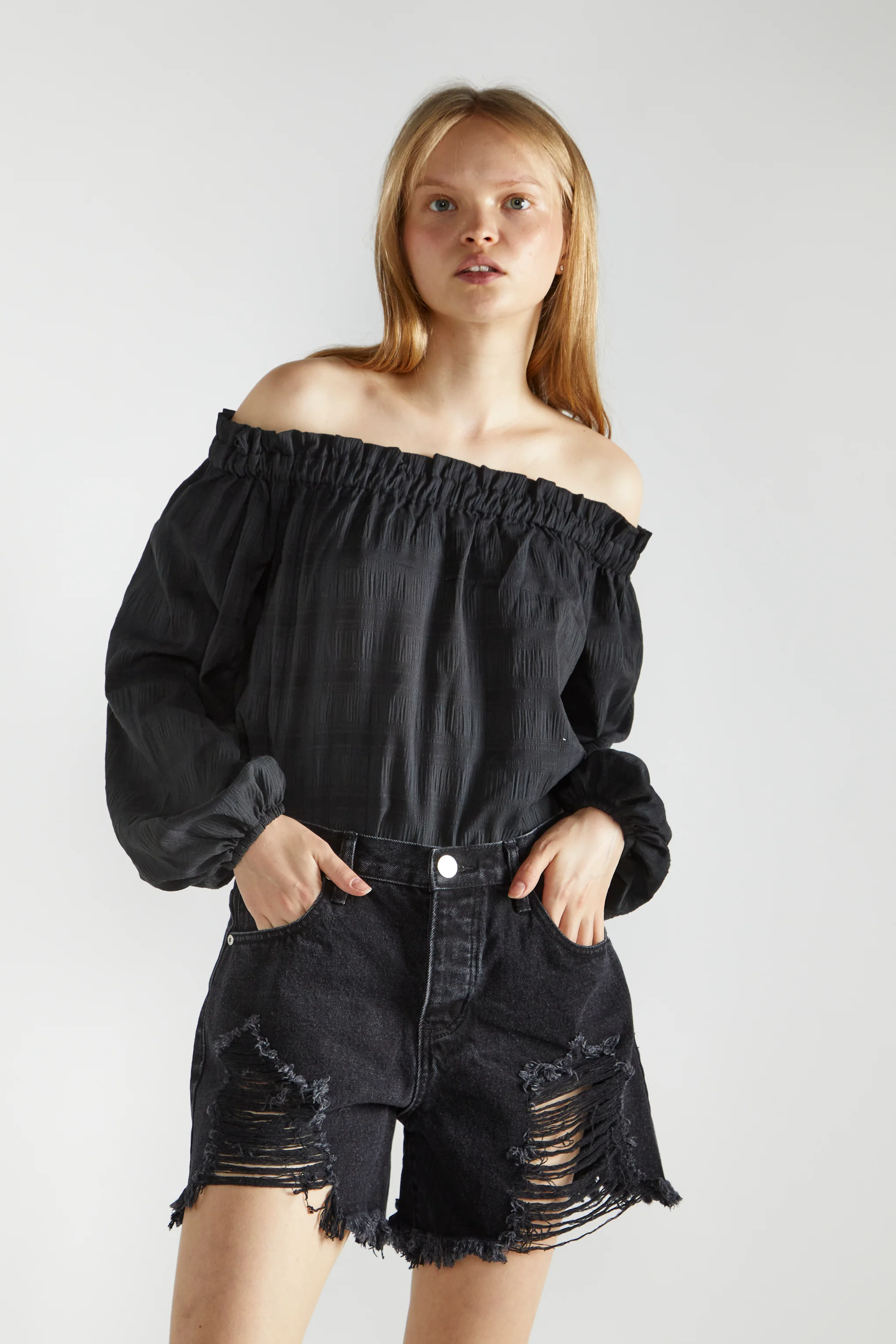 Washed Black Distressed Denim Shorts - Image 3
