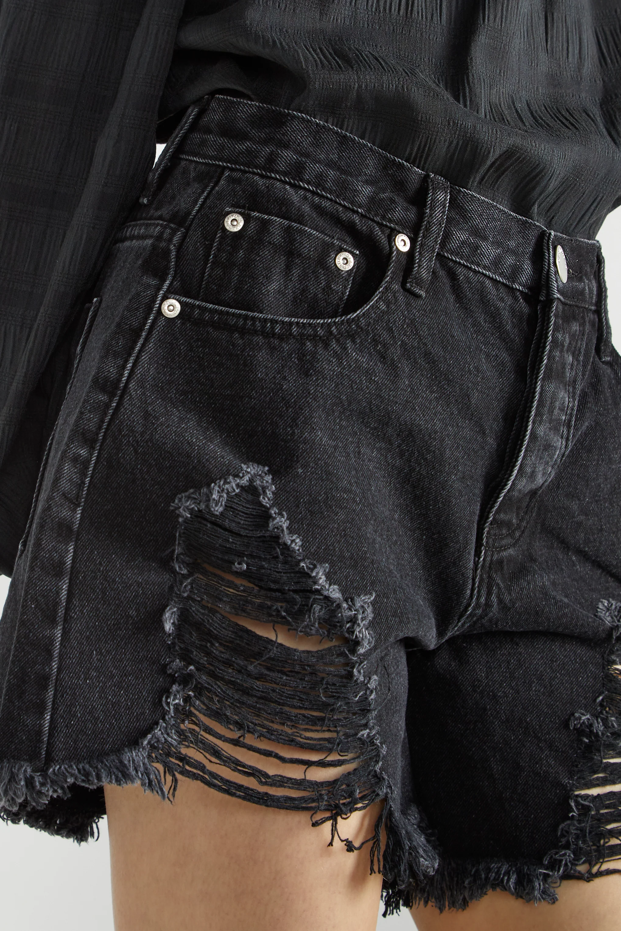 Washed Black Distressed Denim Shorts - Image 4