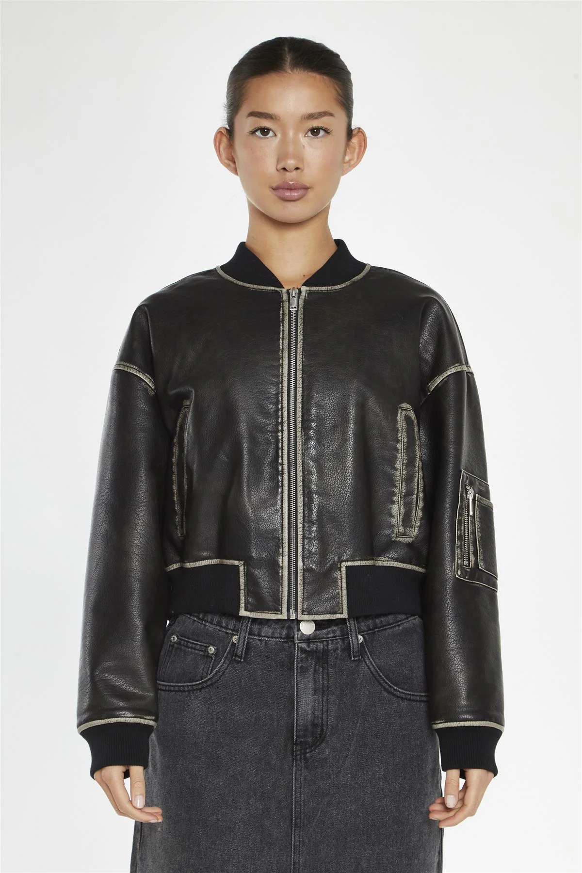 Washed-Black Padded Bomber-Jacket - Image 3