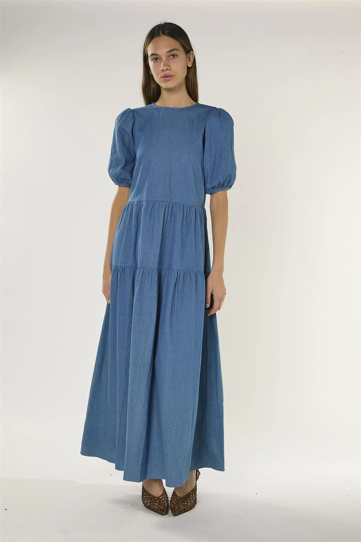 Washed Blue Tiered Maxi Dress with Puff Sleeves - Image 2