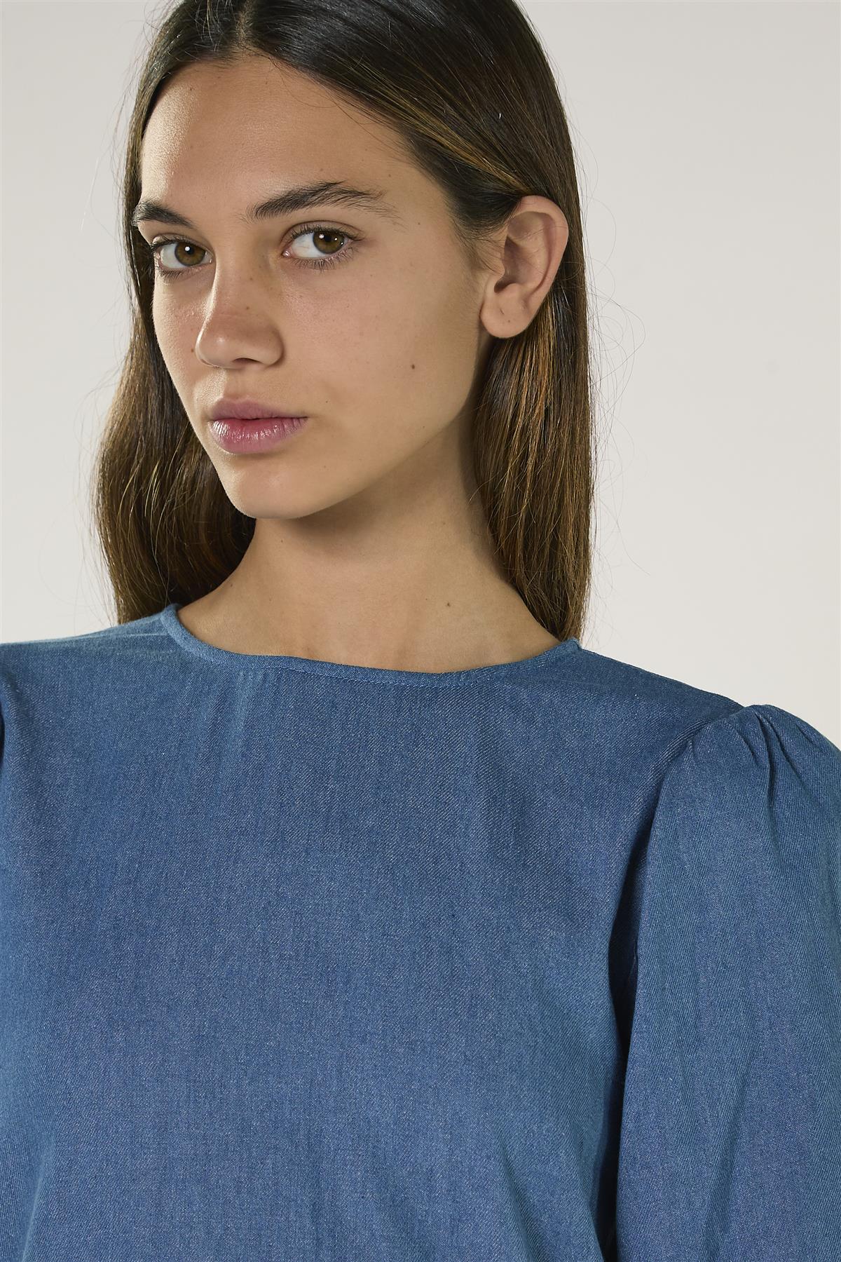 Washed Blue Tiered Maxi Dress with Puff Sleeves - Image 3