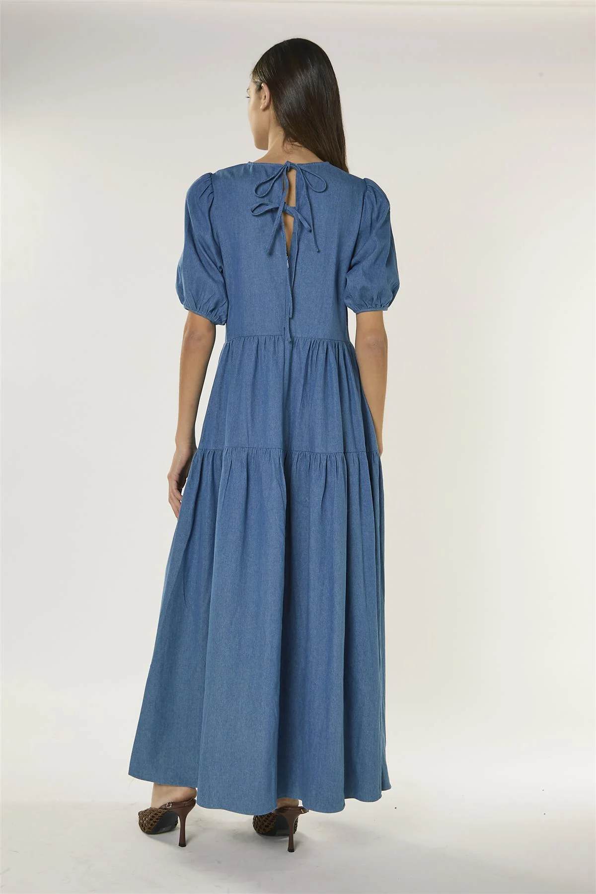 Washed Blue Tiered Maxi Dress with Puff Sleeves - Image 4