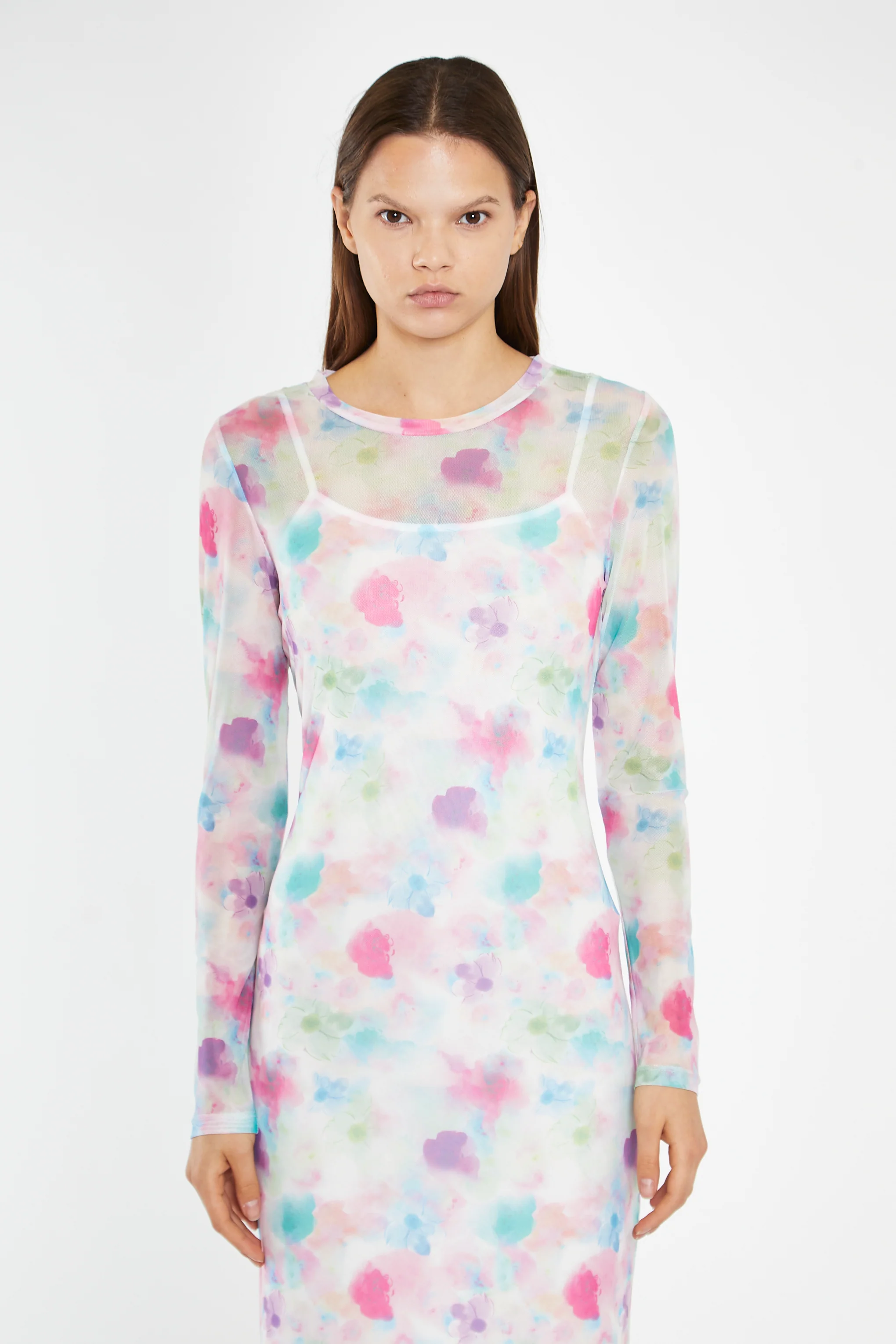 Watercolour-Floral Mesh Long Sleeve Midi-Dress - Image 2