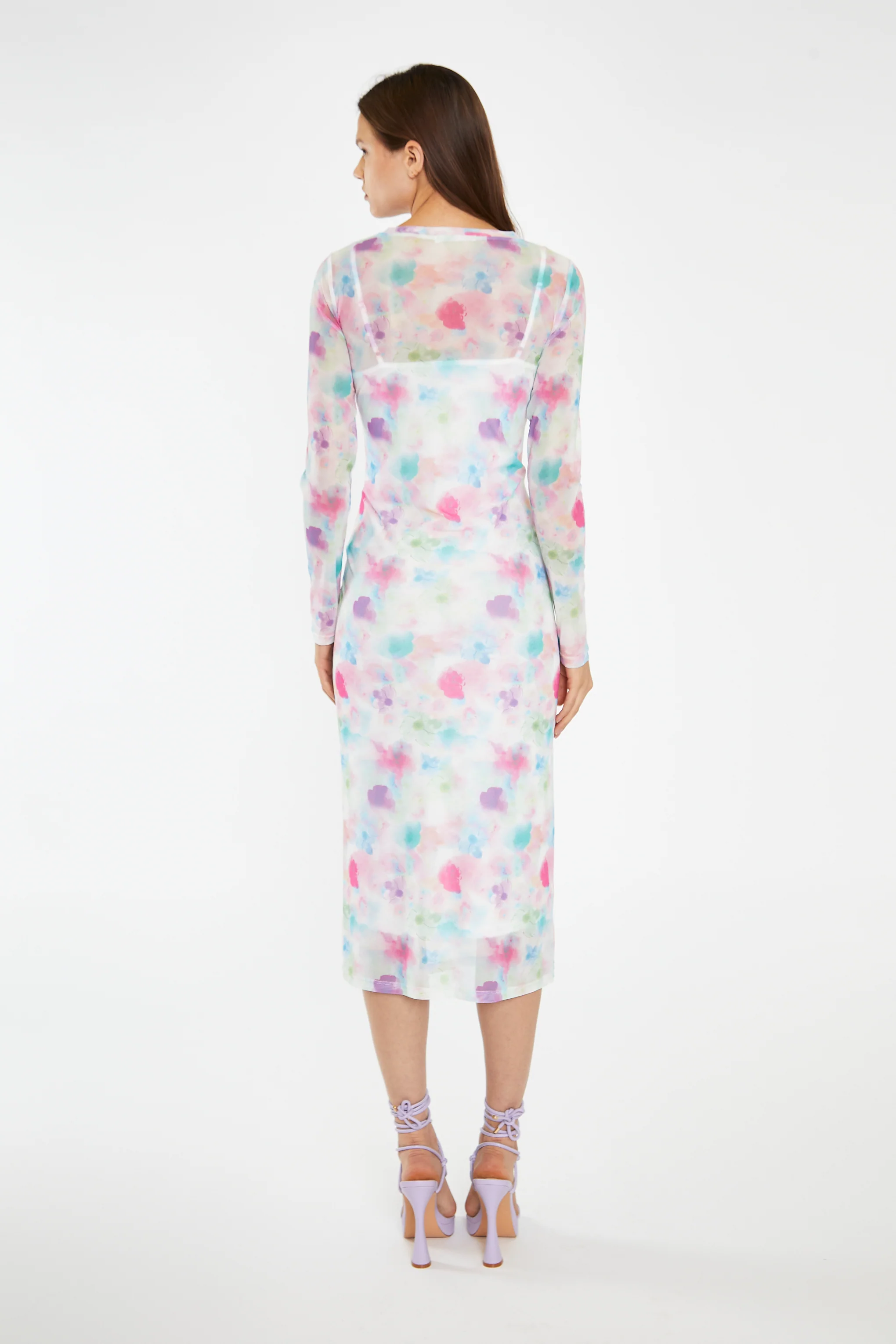 Watercolour-Floral Mesh Long Sleeve Midi-Dress - Image 3