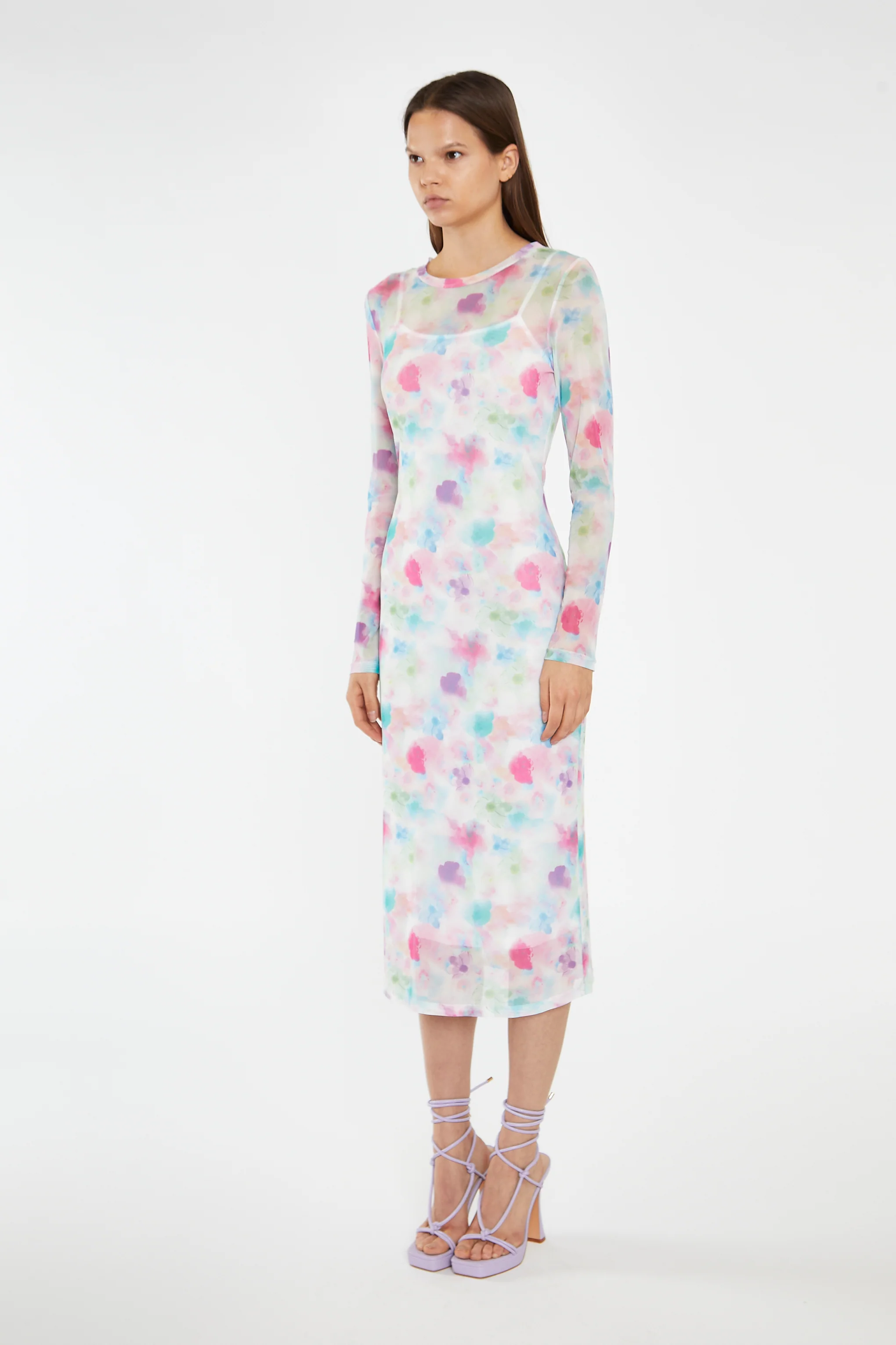 Watercolour-Floral Mesh Long Sleeve Midi-Dress - Image 4