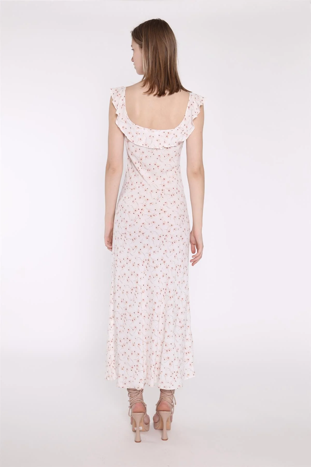 White-Base Floral Ruffle Neck Midaxi-Dress - Image 2
