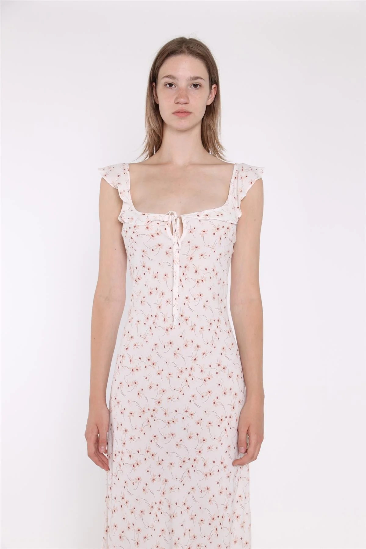 White-Base Floral Ruffle Neck Midaxi-Dress - Image 3