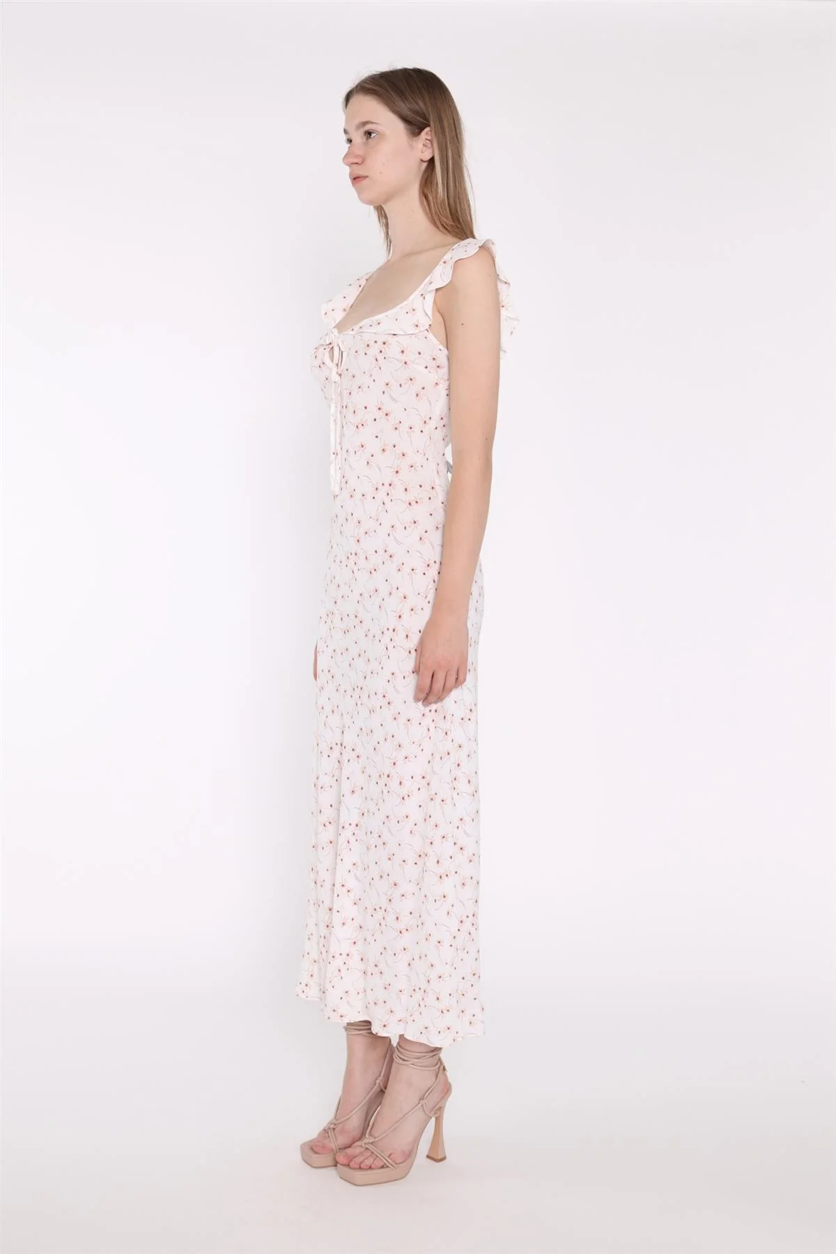 White-Base Floral Ruffle Neck Midaxi-Dress - Image 4