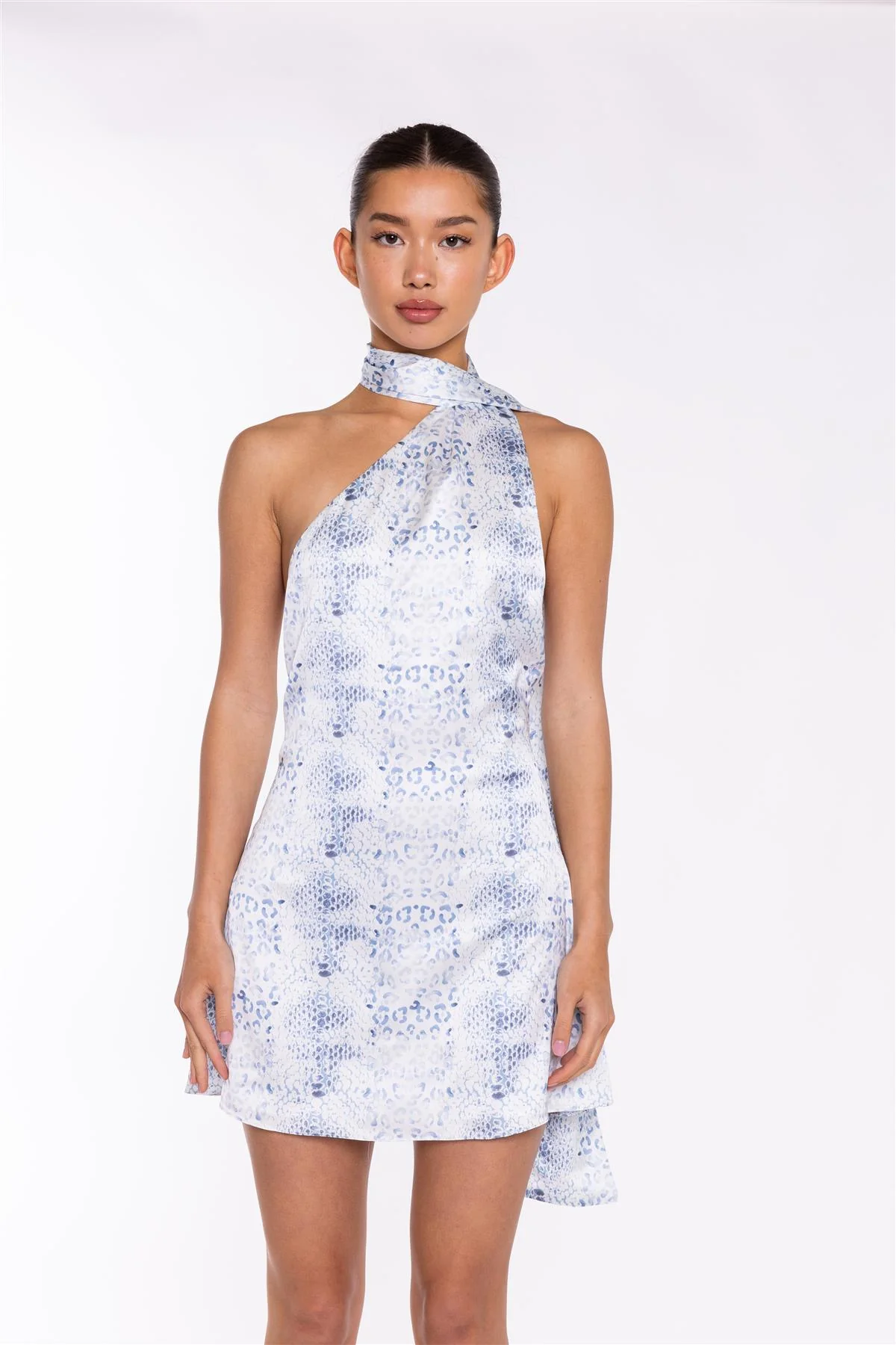 White-Blue Animal Sash Neck Mini-Dress - Image 3