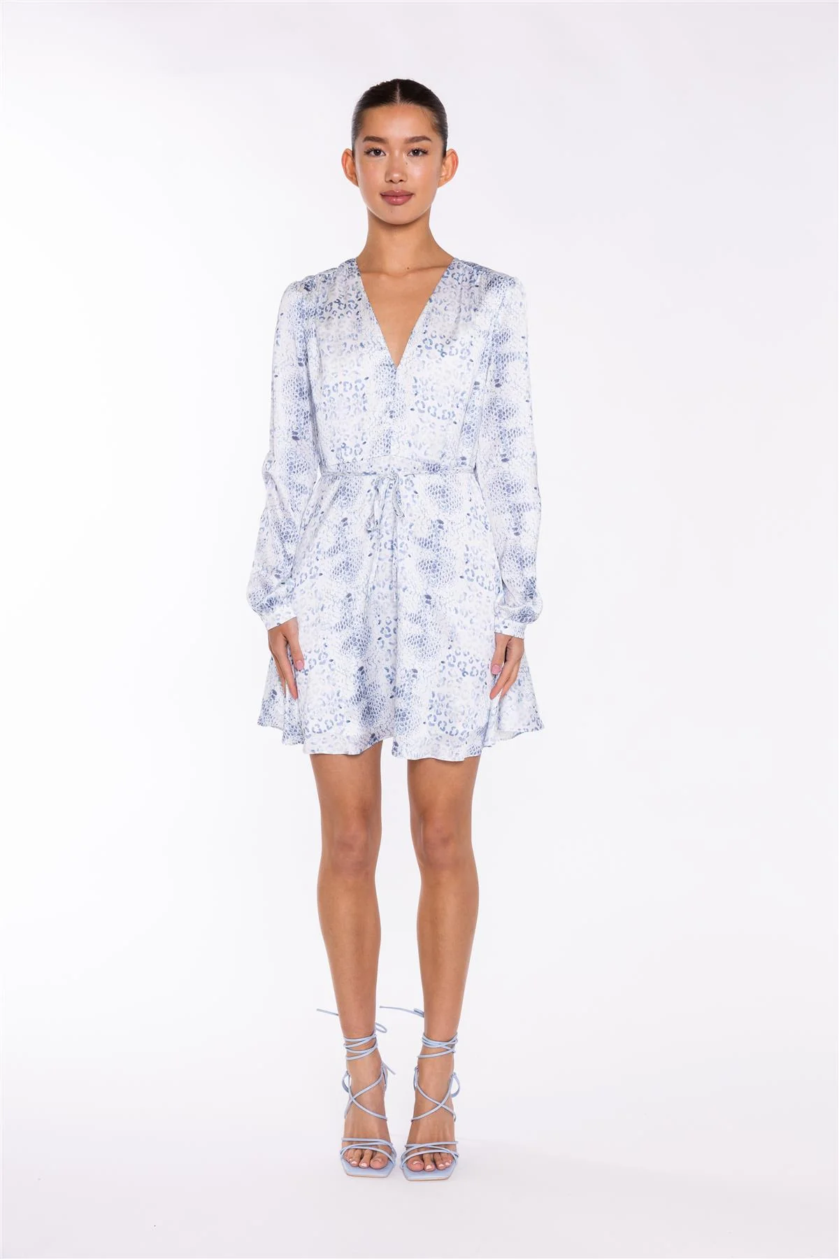 White-Blue Animal V-Neck Mini-Dress