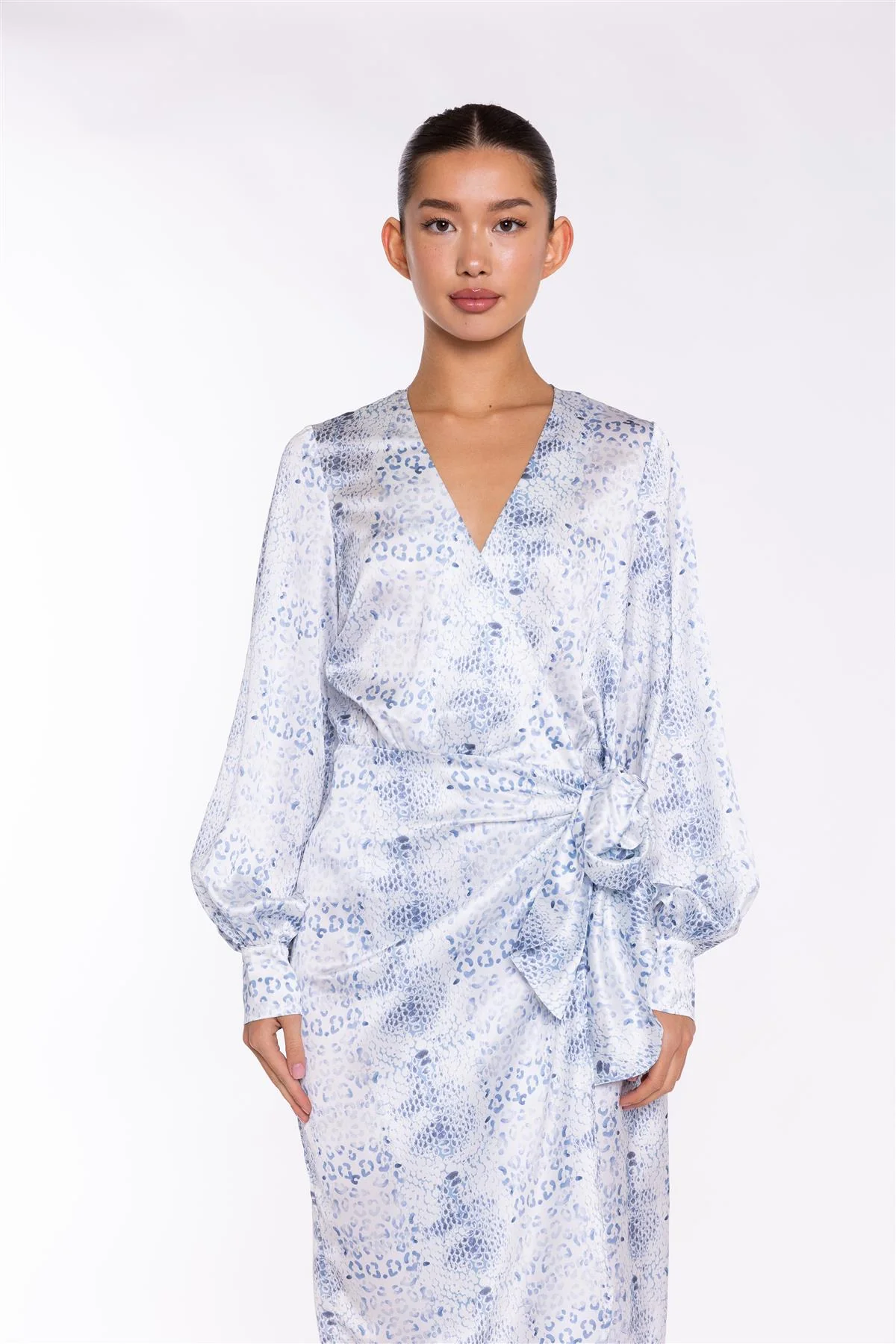 White-Blue Animal Wrap Midi-Dress - Image 3