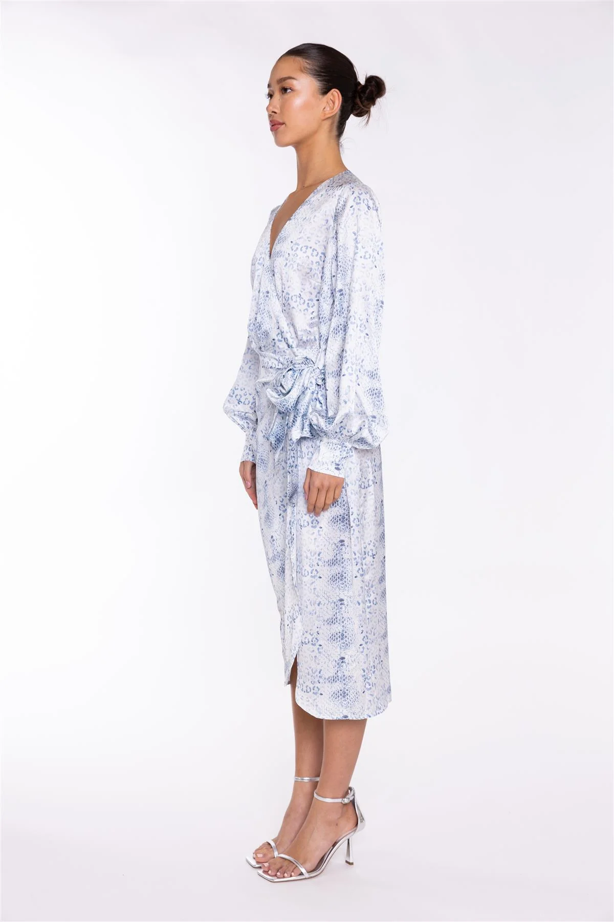 White-Blue Animal Wrap Midi-Dress - Image 4
