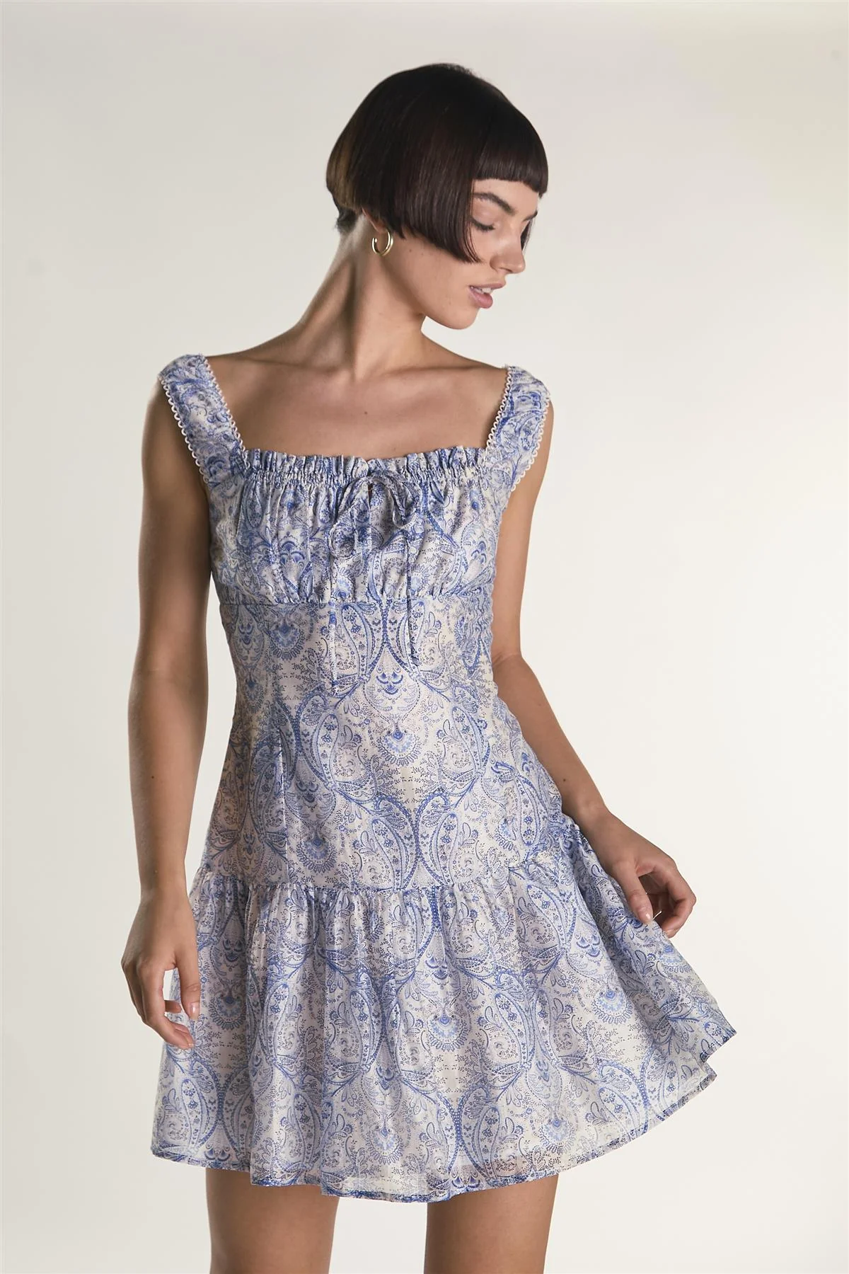 White Blue Paisley Tie Front Mini Dress