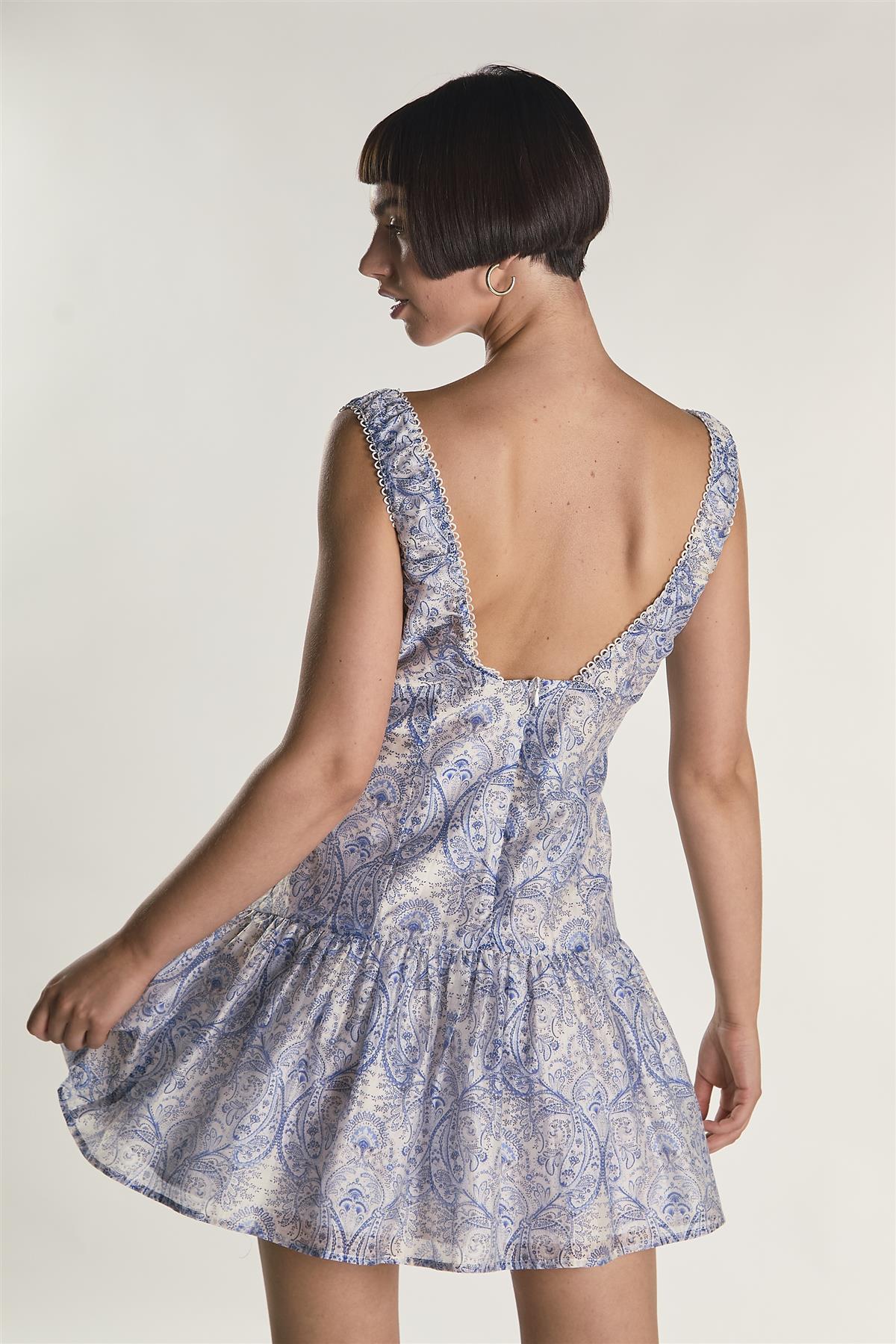 White Blue Paisley Tie Front Mini Dress - Image 2
