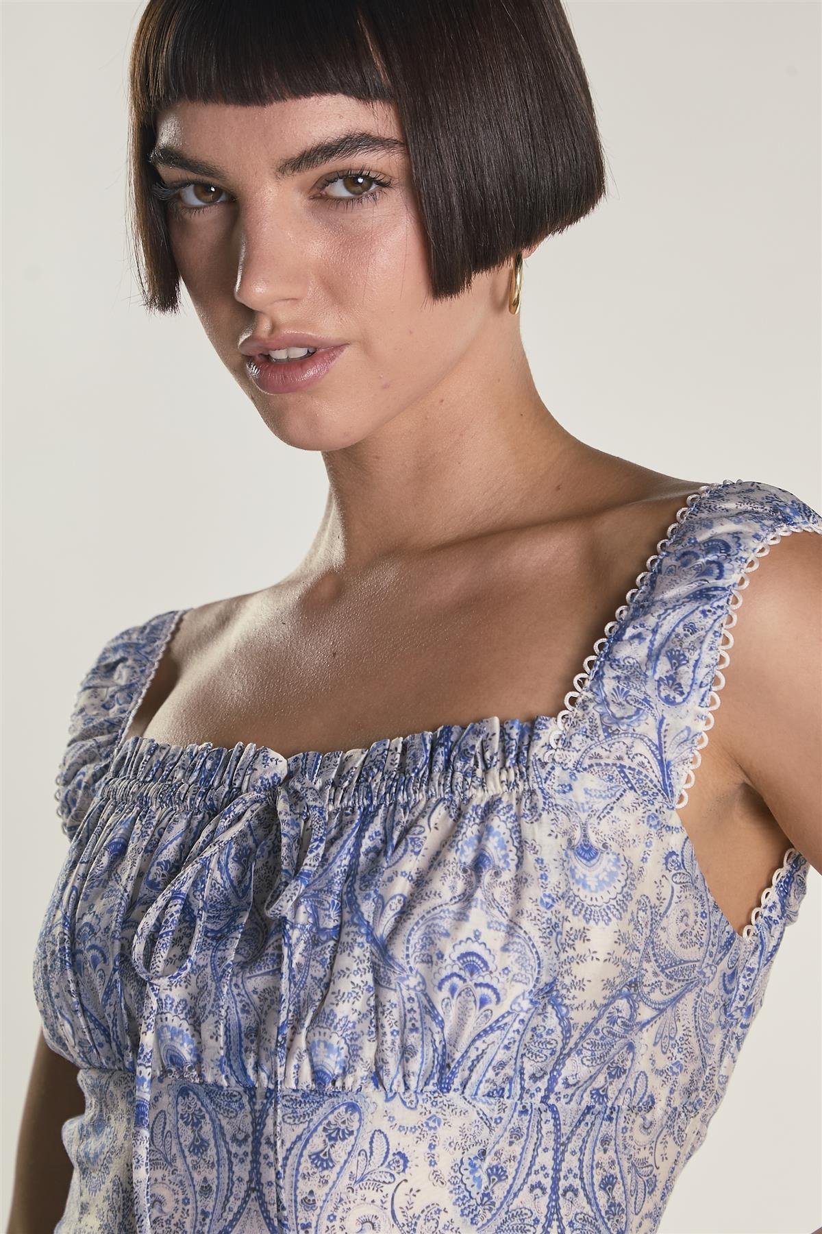 White Blue Paisley Tie Front Mini Dress - Image 3