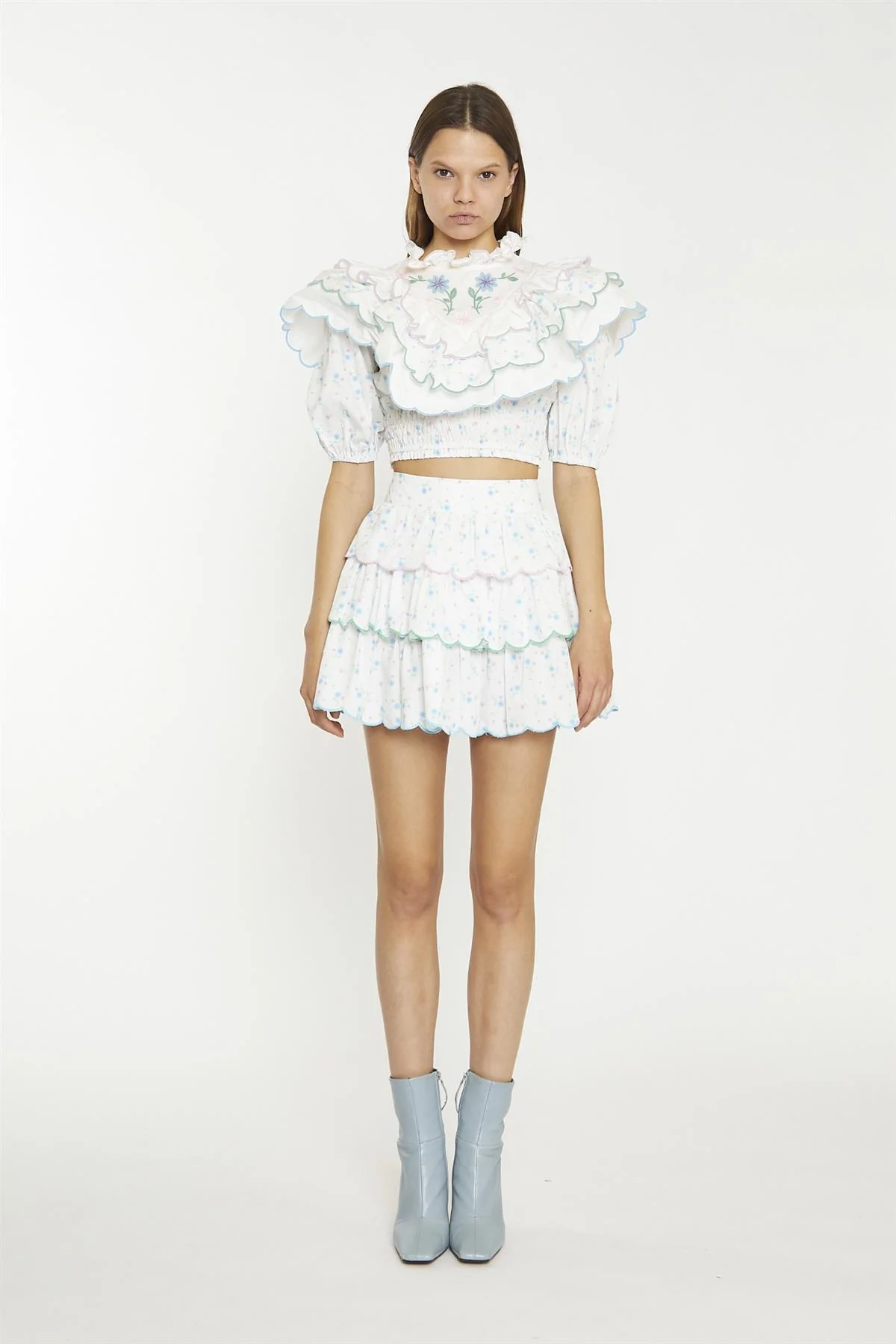 White Blue Pink Ditsy Extreme Ruffle Crop-Top