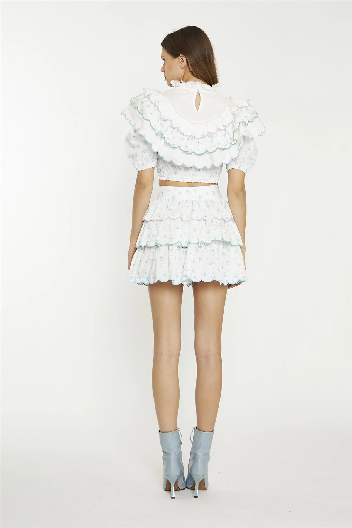 White Blue Pink Ditsy Extreme Ruffle Crop-Top - Image 2