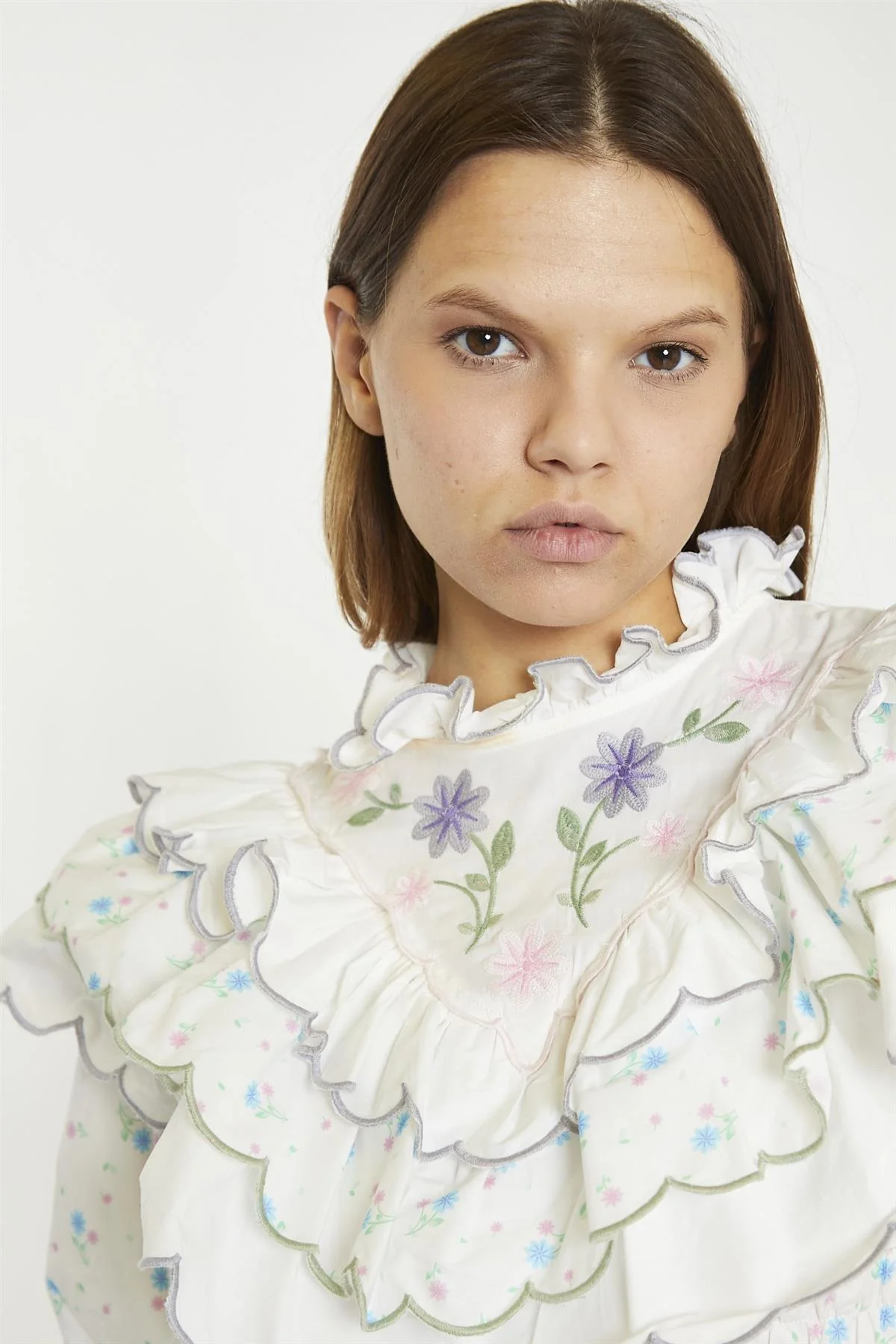 White Blue Pink Ditsy Extreme Ruffle Crop-Top - Image 3